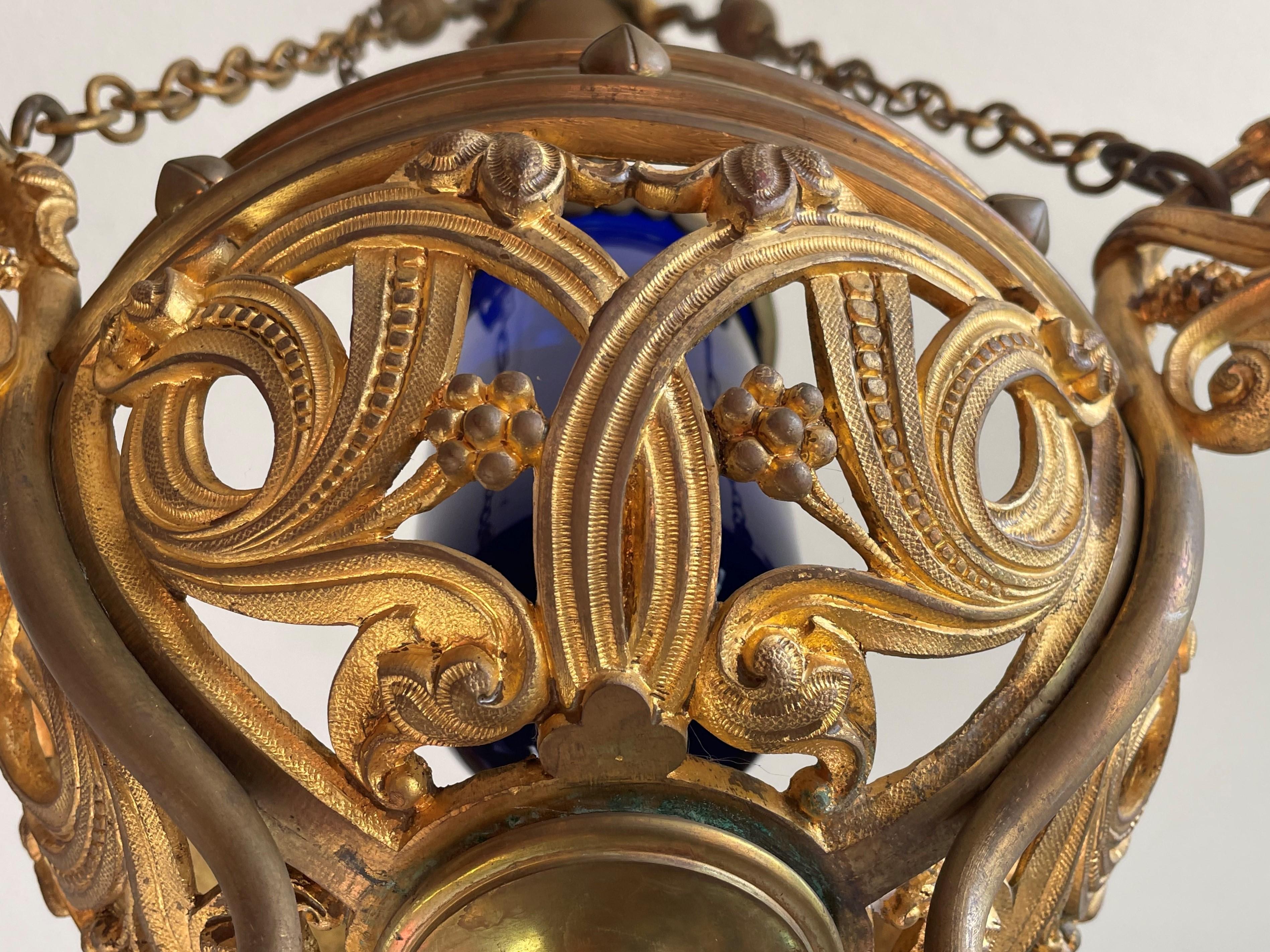 19th Century Antique Gilt Bronze & Brass & Glass Gothic Sanctuary Lamp / Church Candle Light
