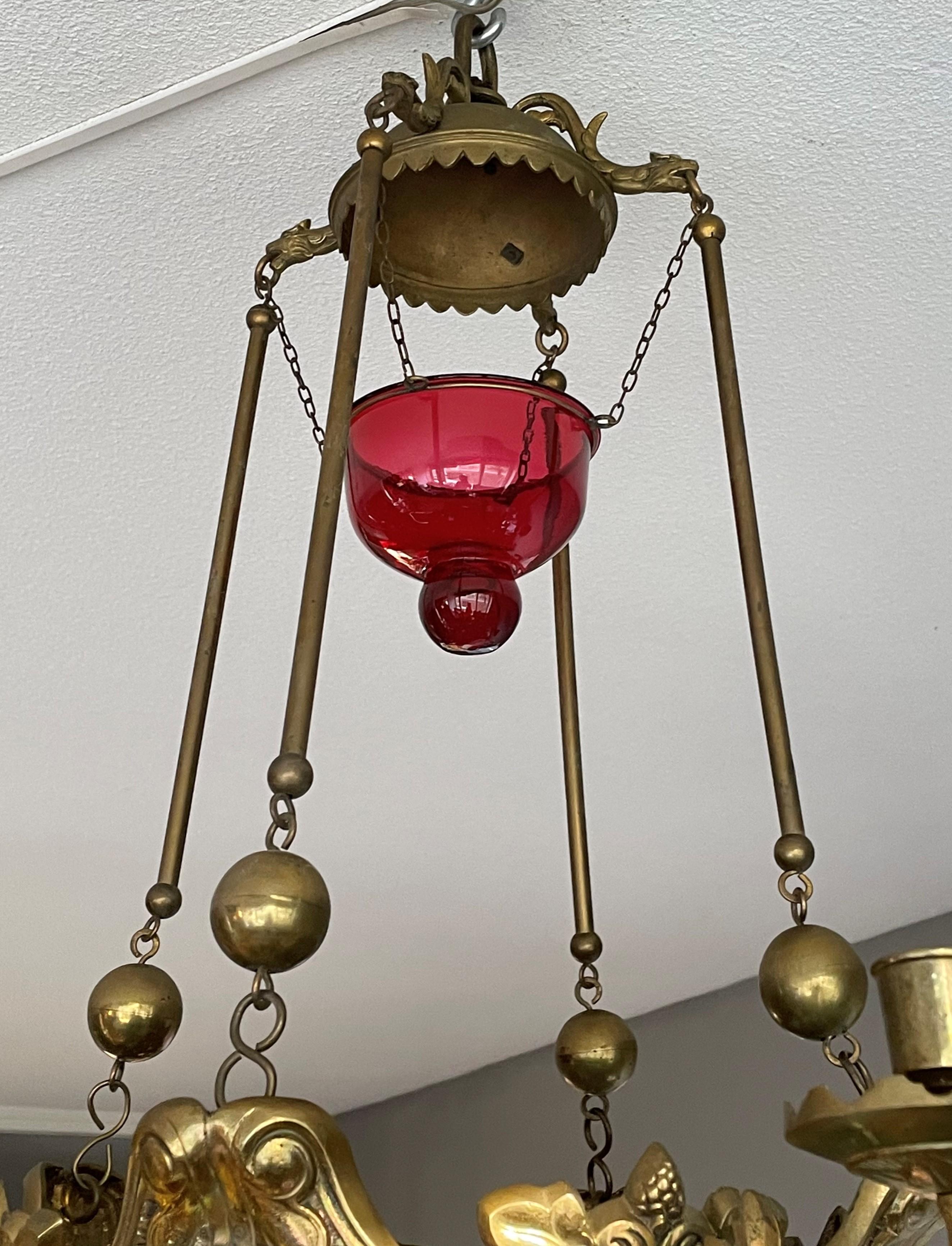 Cast Antique Gilt Bronze & Brass & Glass Gothic Sanctuary Lamp / Church Candle Light