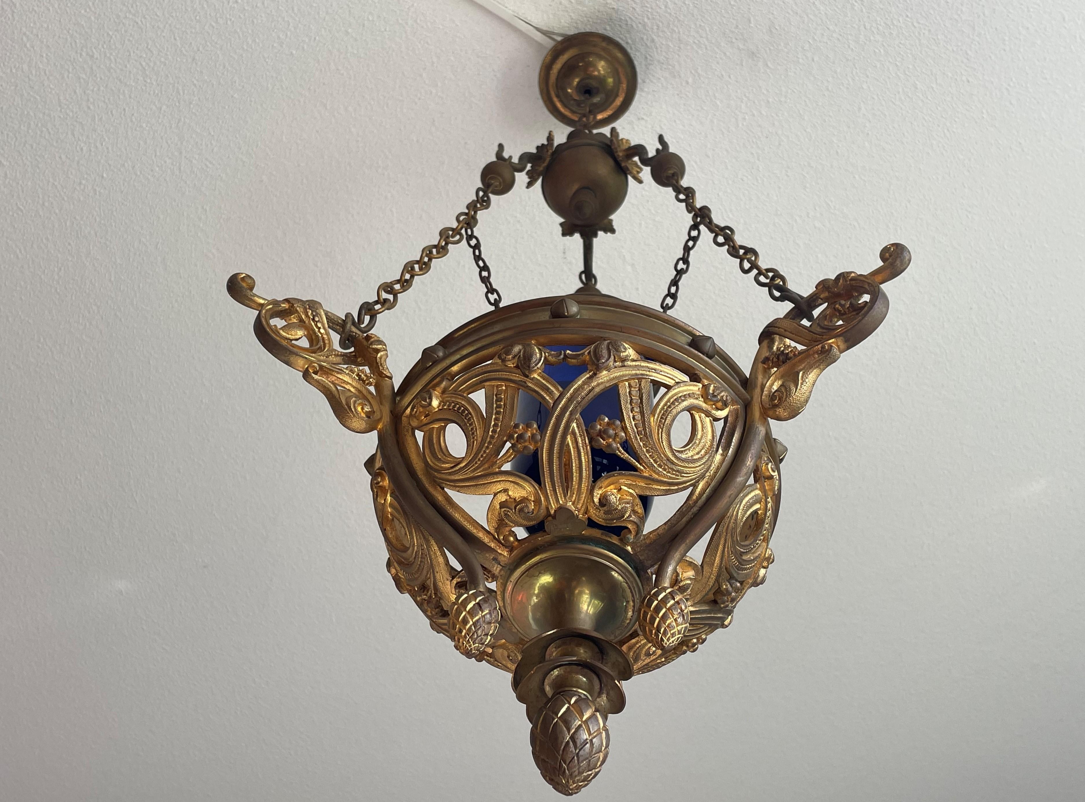 Antique Gilt Bronze & Brass & Glass Gothic Sanctuary Lamp / Church Candle Light 2