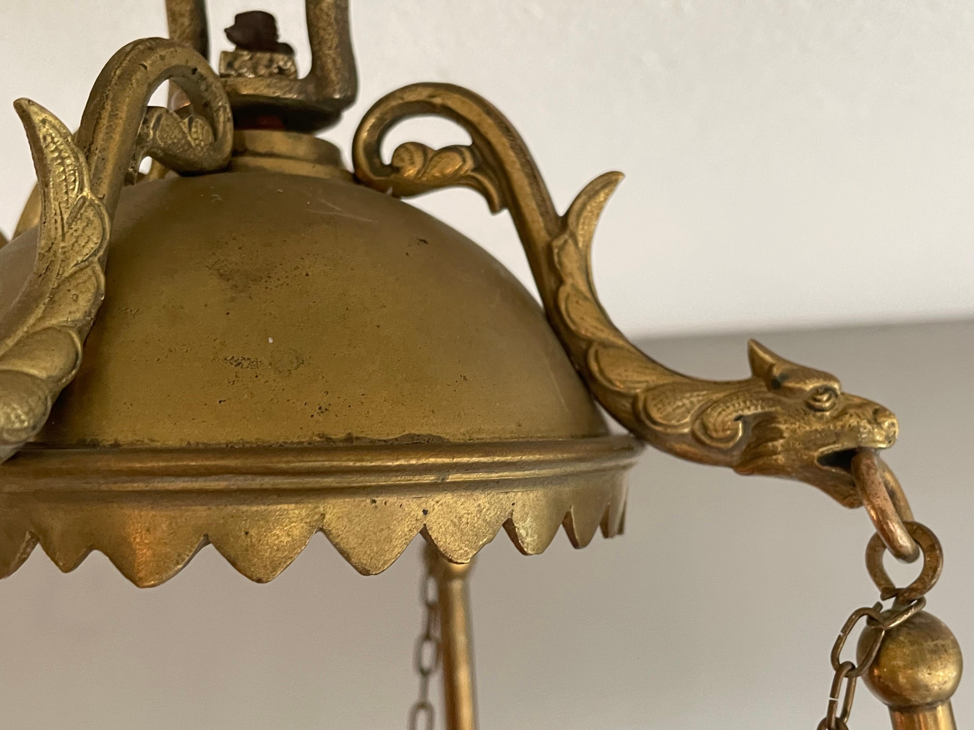 19th Century Antique Gilt Bronze & Brass & Glass Gothic Sanctuary Lamp / Church Candle Light