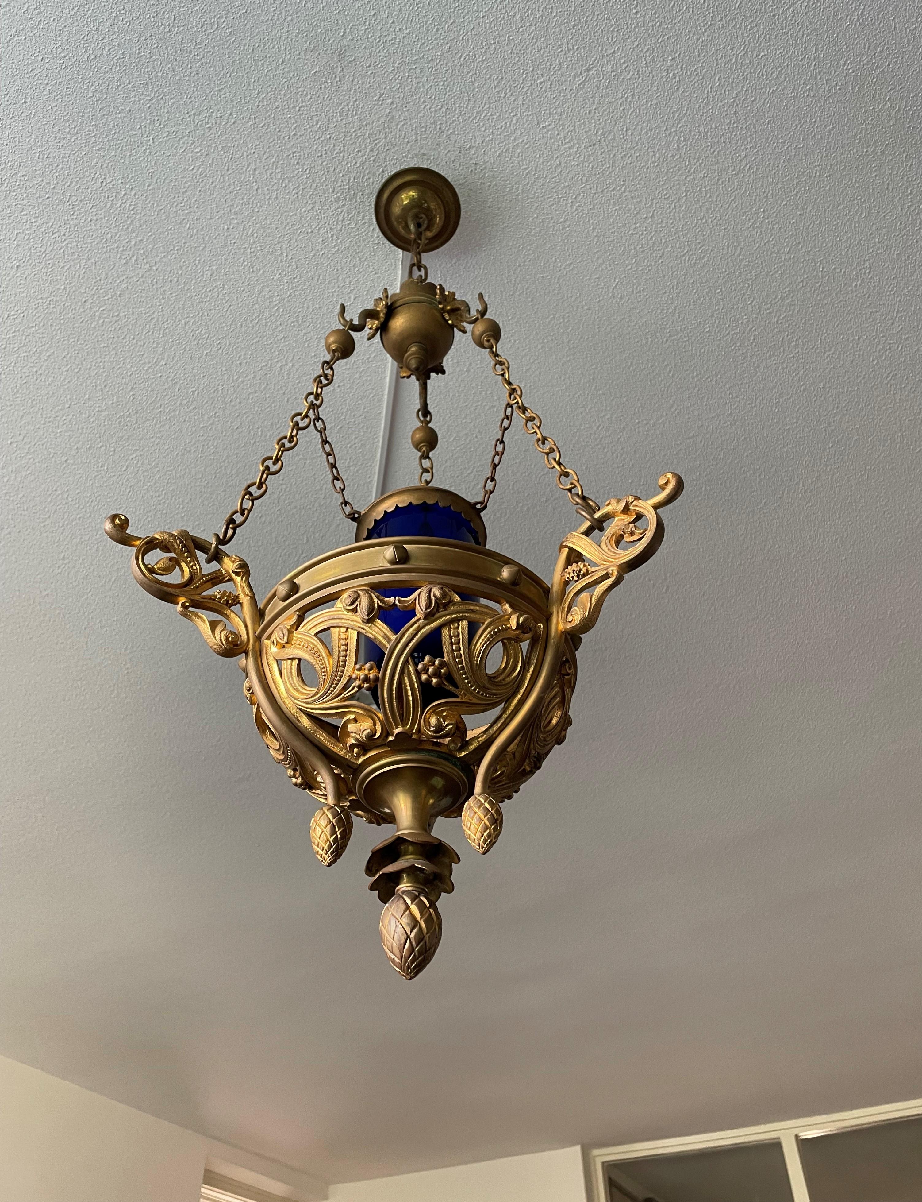 Antique Gilt Bronze & Brass & Glass Gothic Sanctuary Lamp / Church Candle Light 3