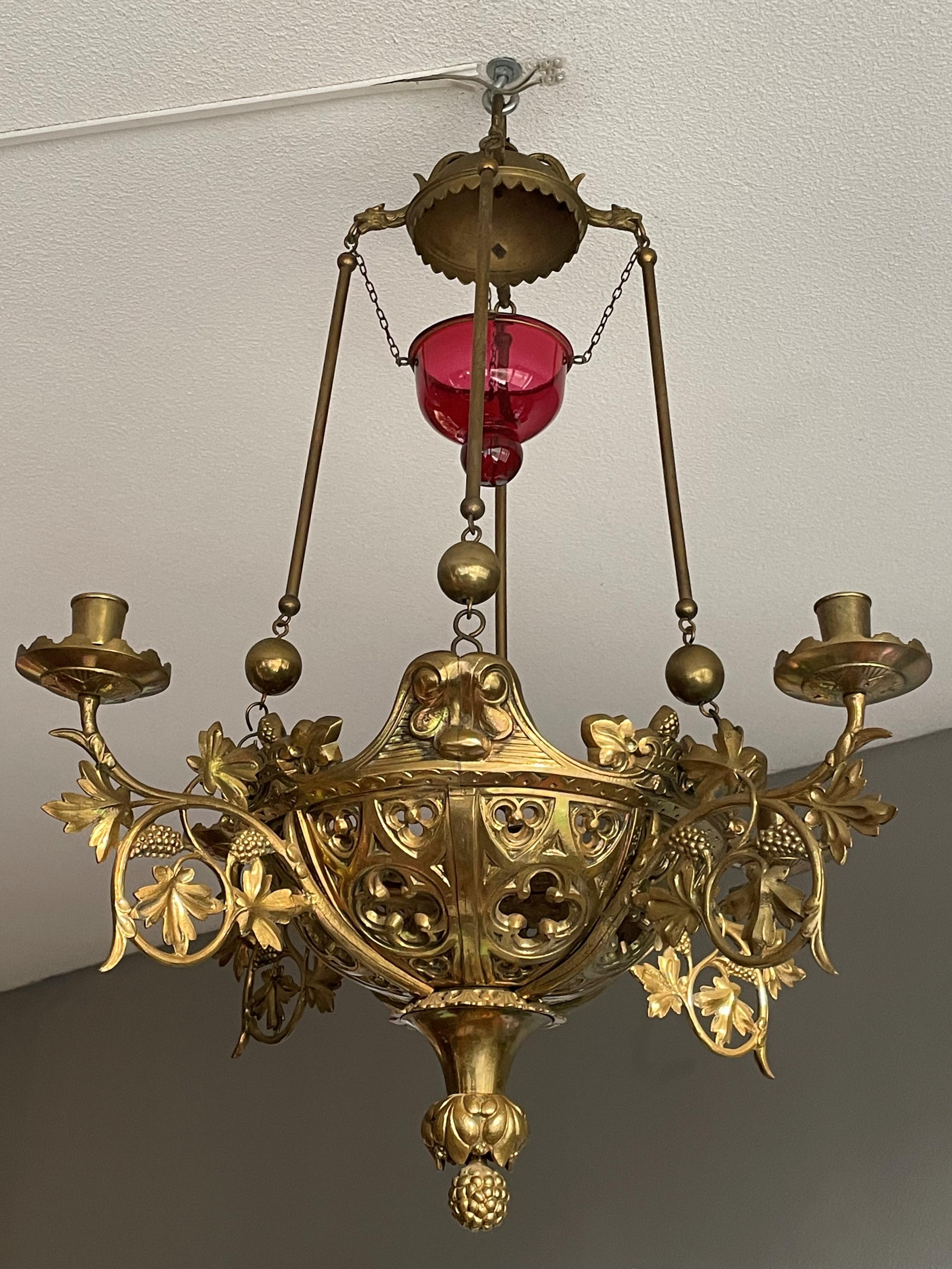 Antique Gilt Bronze & Brass & Glass Gothic Sanctuary Lamp / Church Candle Light 1