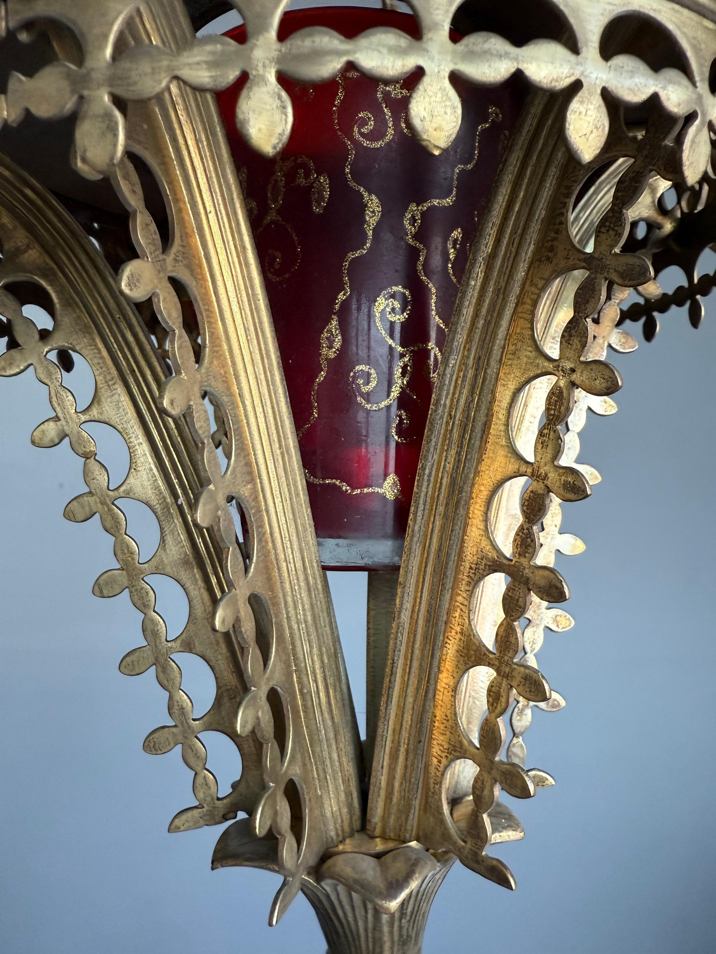 Antique Gilt Bronze & Brass & Glass Gothic Sanctuary Lamp / Church Candle Light For Sale 2