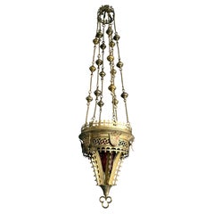 Antique Gilt Bronze & Brass & Glass Gothic Sanctuary Lamp / Church Candle Light