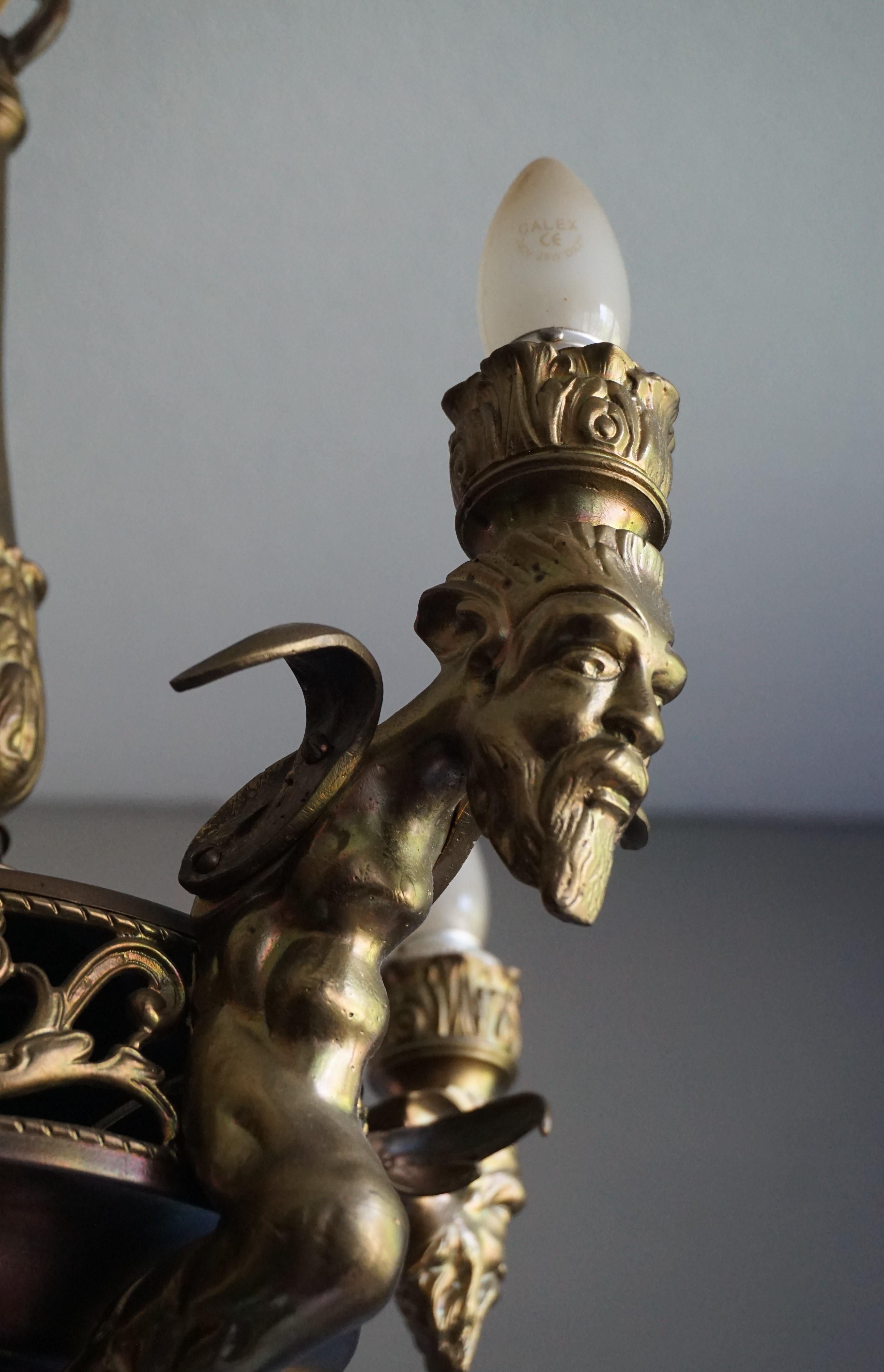 Antique Gilt Bronze & Brass Gothic Revival Pendant Light with Chimera Sculptures 4