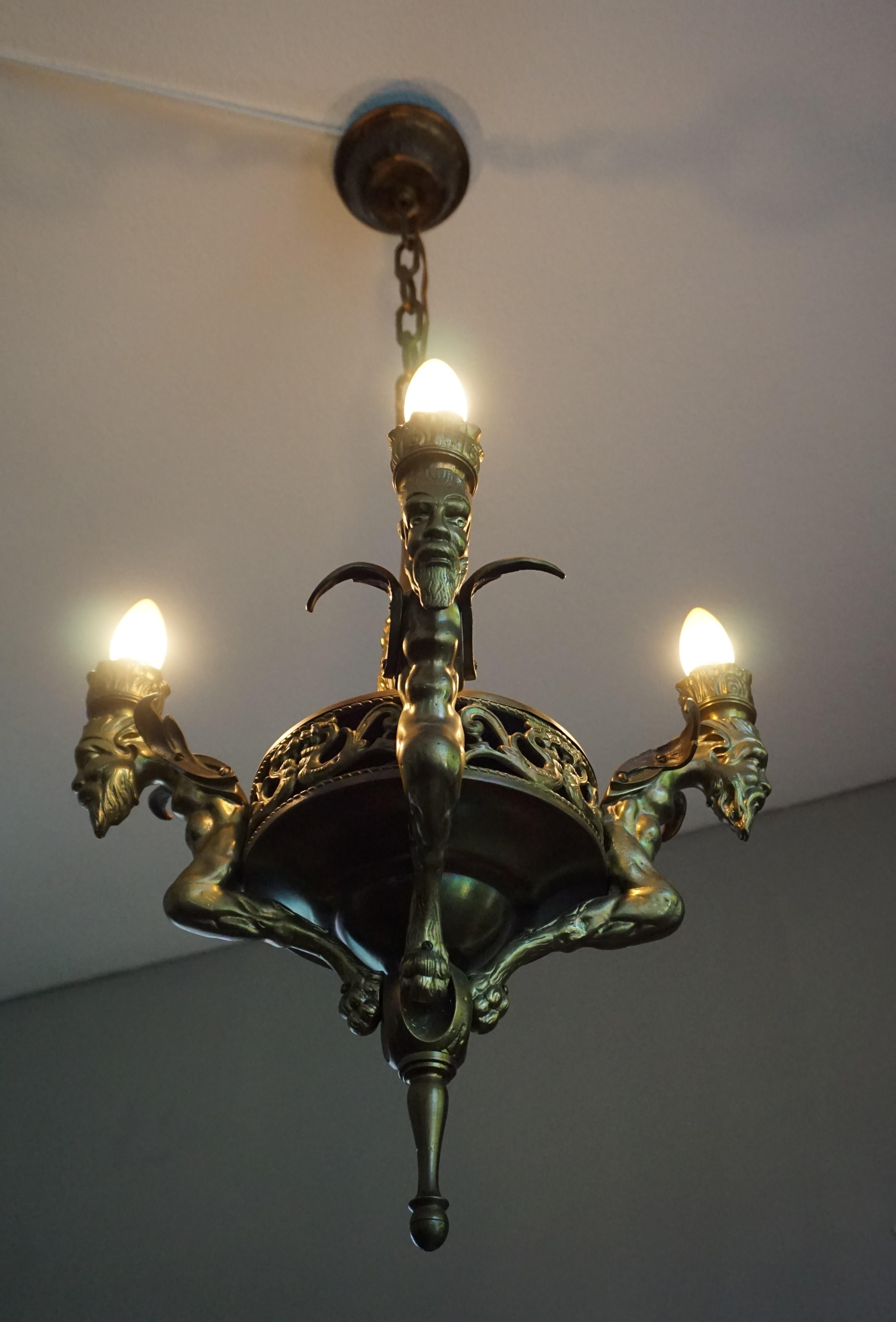 Antique Gilt Bronze & Brass Gothic Revival Pendant Light with Chimera Sculptures 5