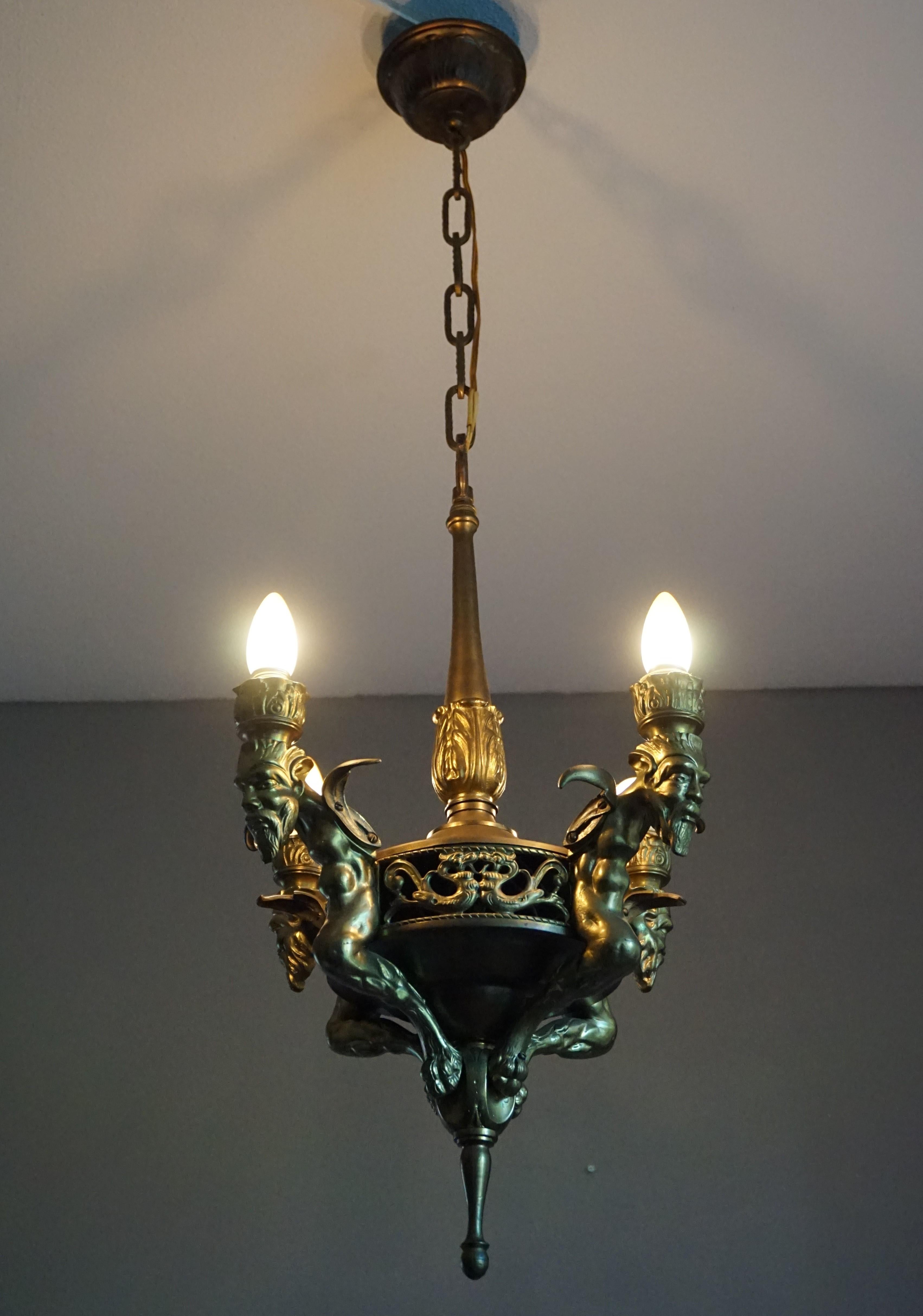 Antique Gilt Bronze & Brass Gothic Revival Pendant Light with Chimera Sculptures 7