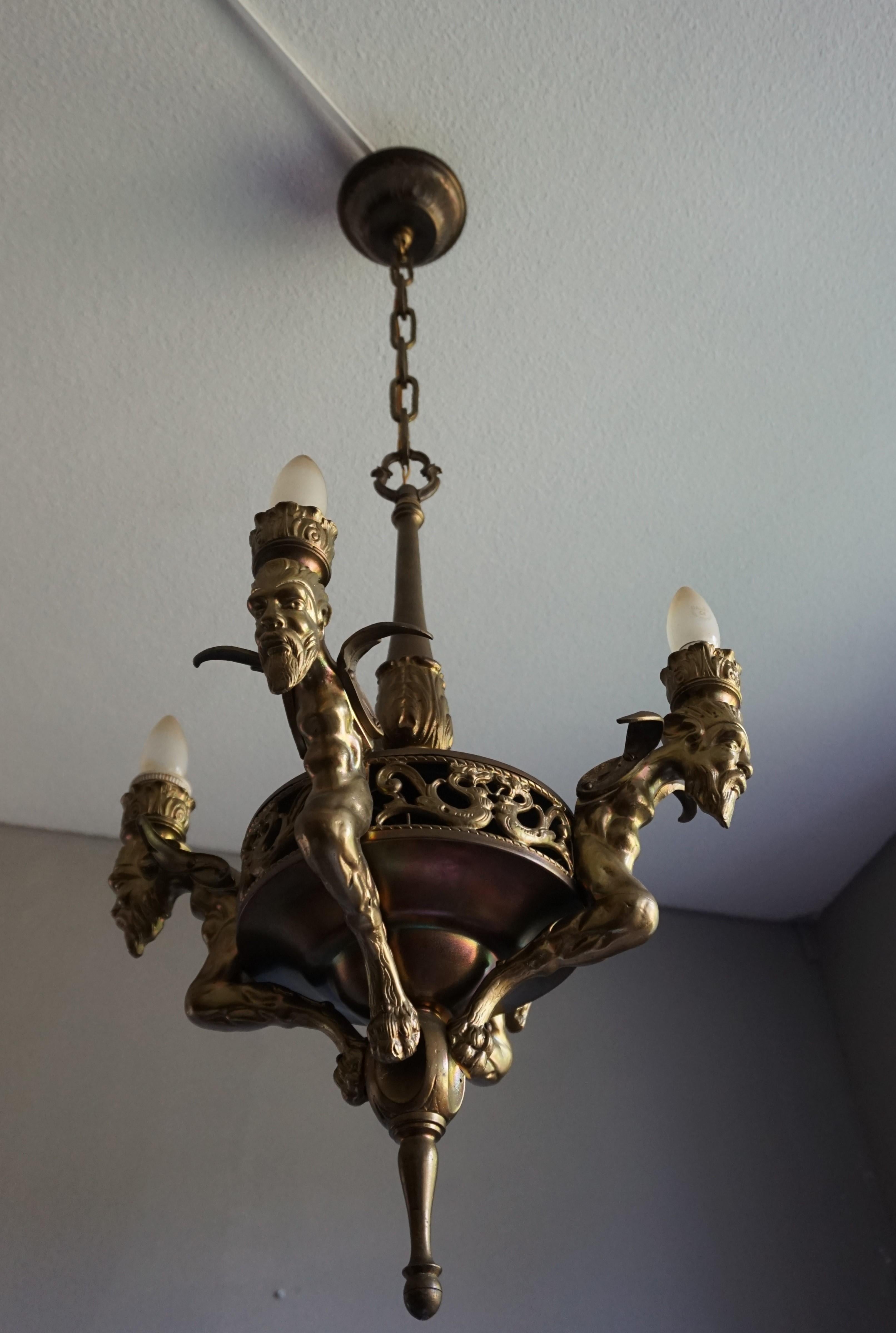 Antique Gilt Bronze & Brass Gothic Revival Pendant Light with Chimera Sculptures 8