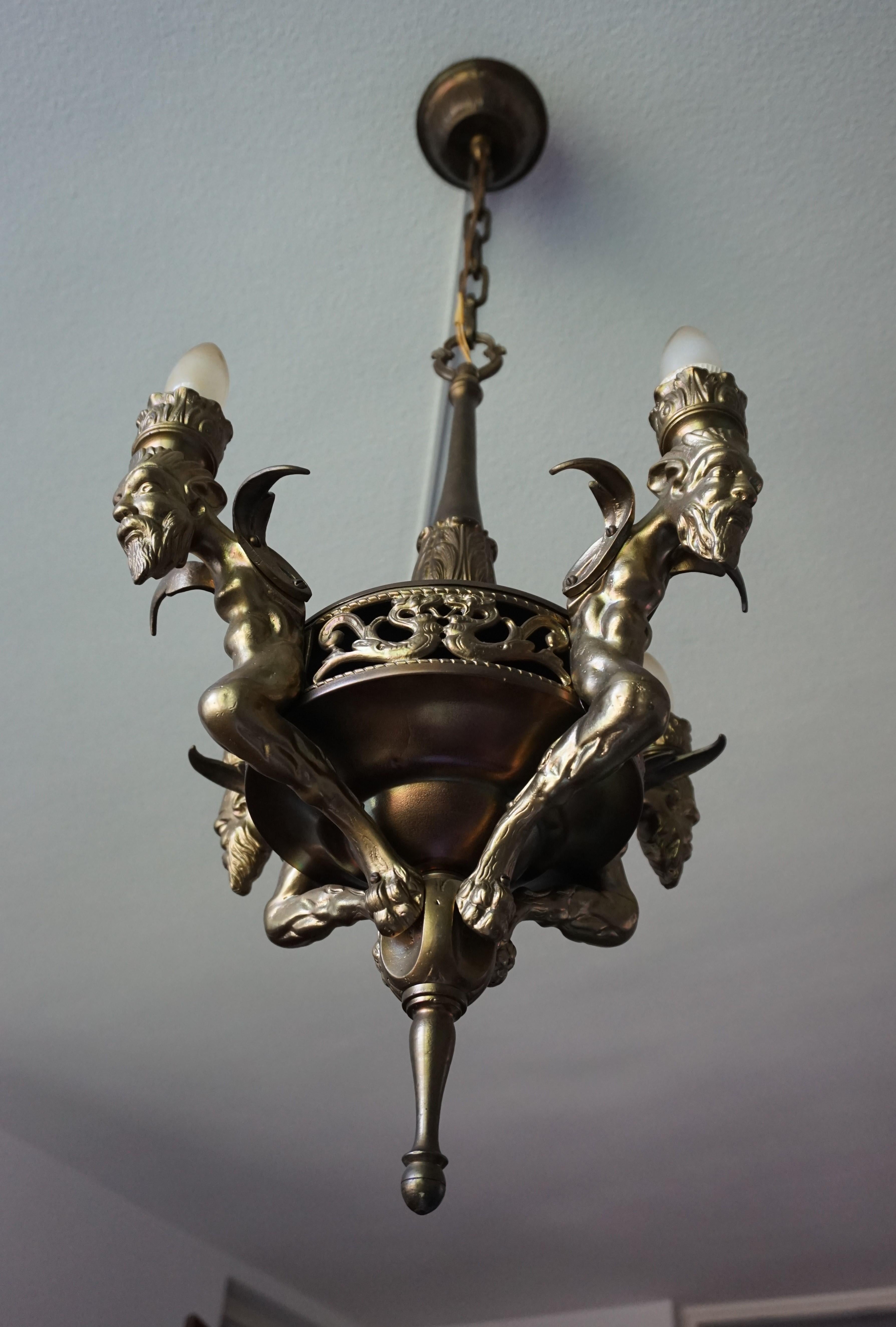 Antique Gilt Bronze & Brass Gothic Revival Pendant Light with Chimera Sculptures 9