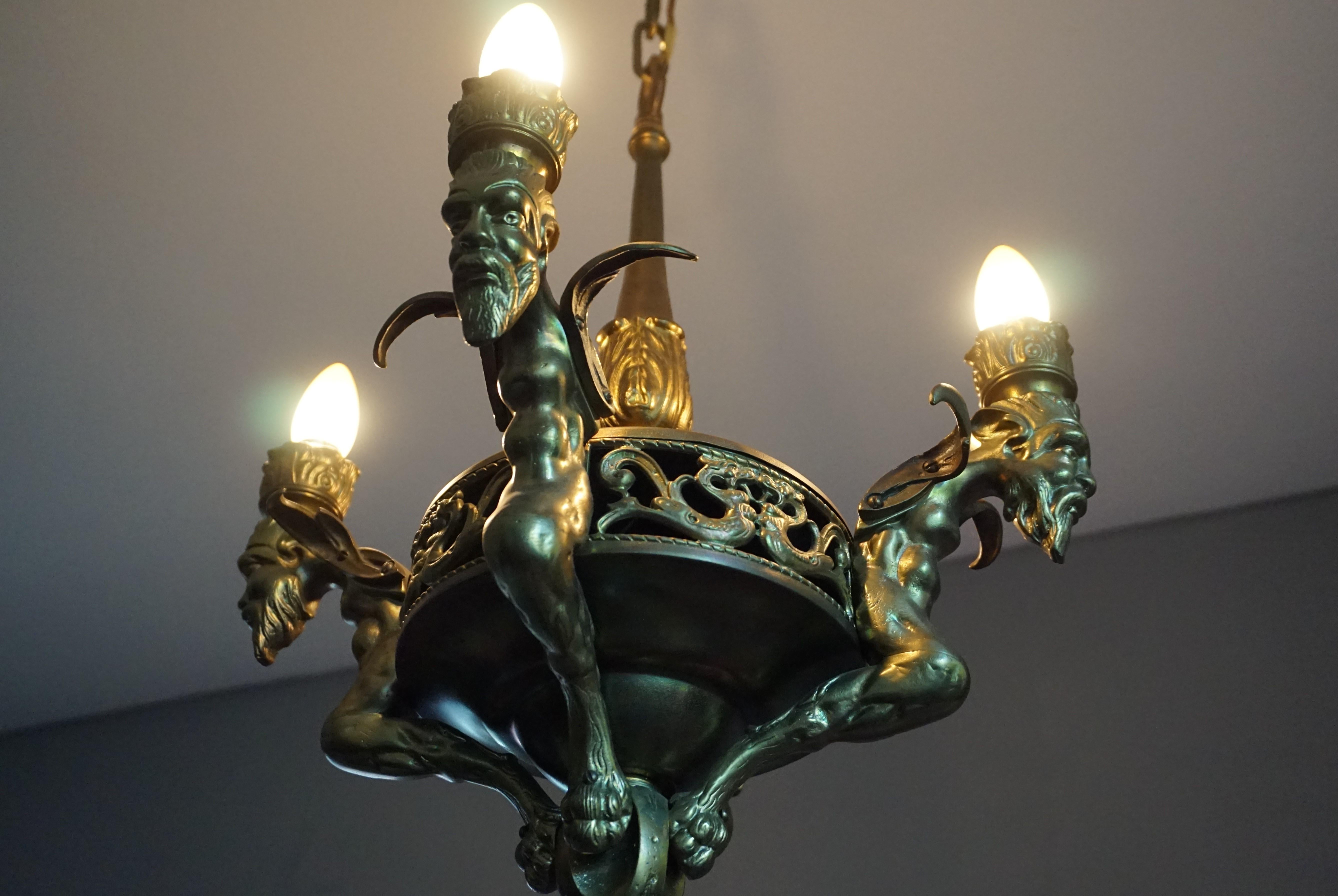 Antique Gilt Bronze & Brass Gothic Revival Pendant Light with Chimera Sculptures 10