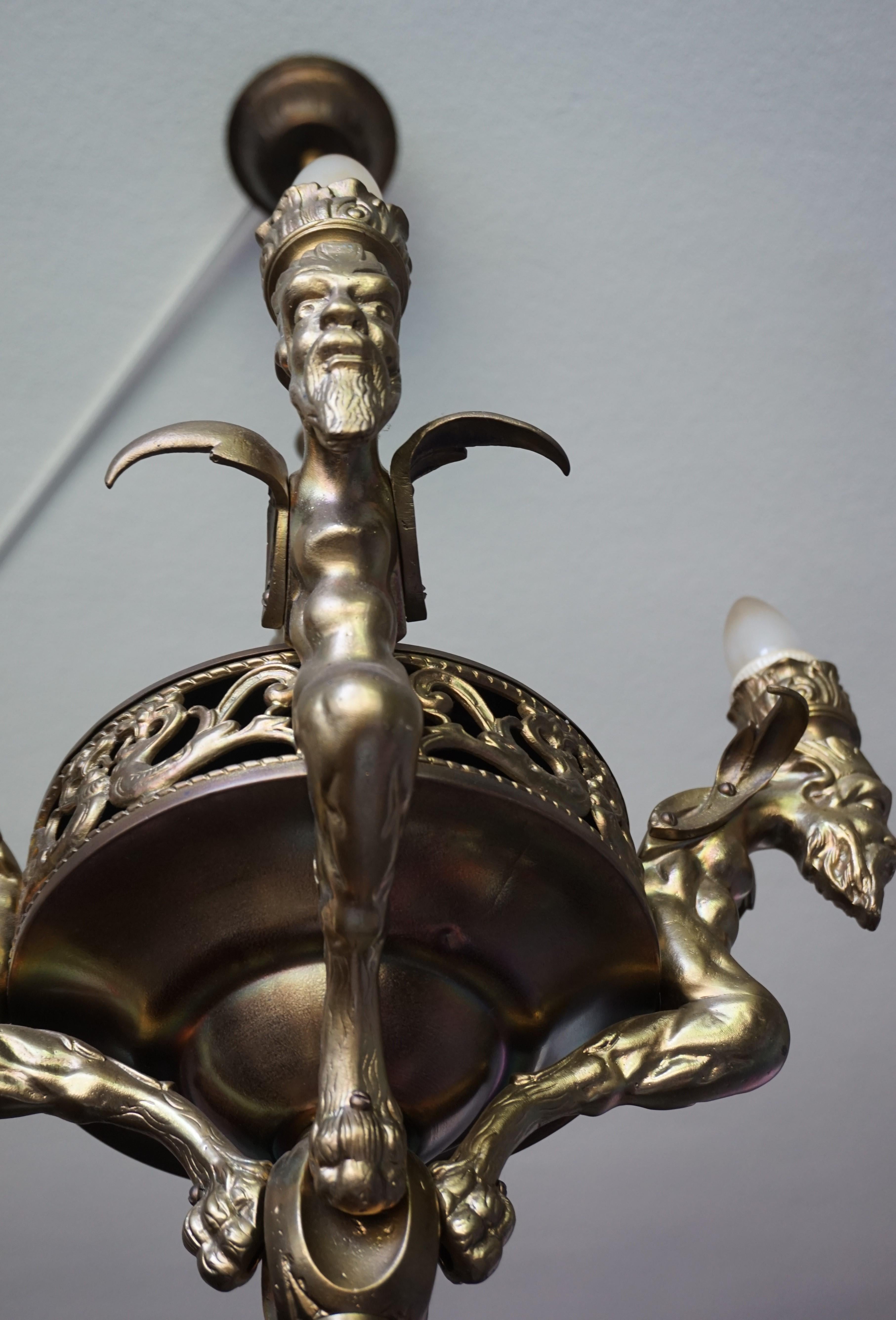 Antique Gilt Bronze & Brass Gothic Revival Pendant Light with Chimera Sculptures 11
