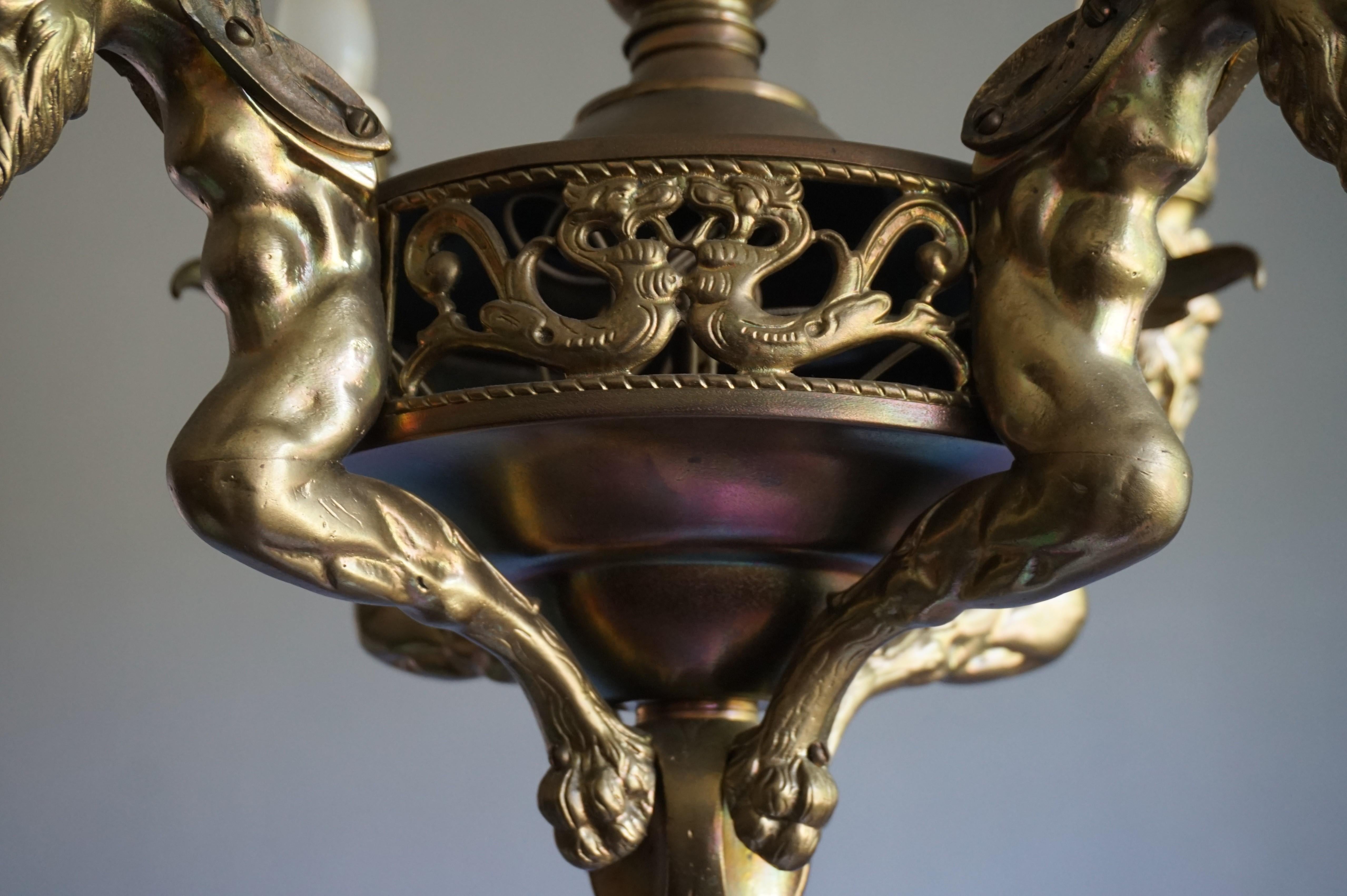 Antique Gilt Bronze & Brass Gothic Revival Pendant Light with Chimera Sculptures 12
