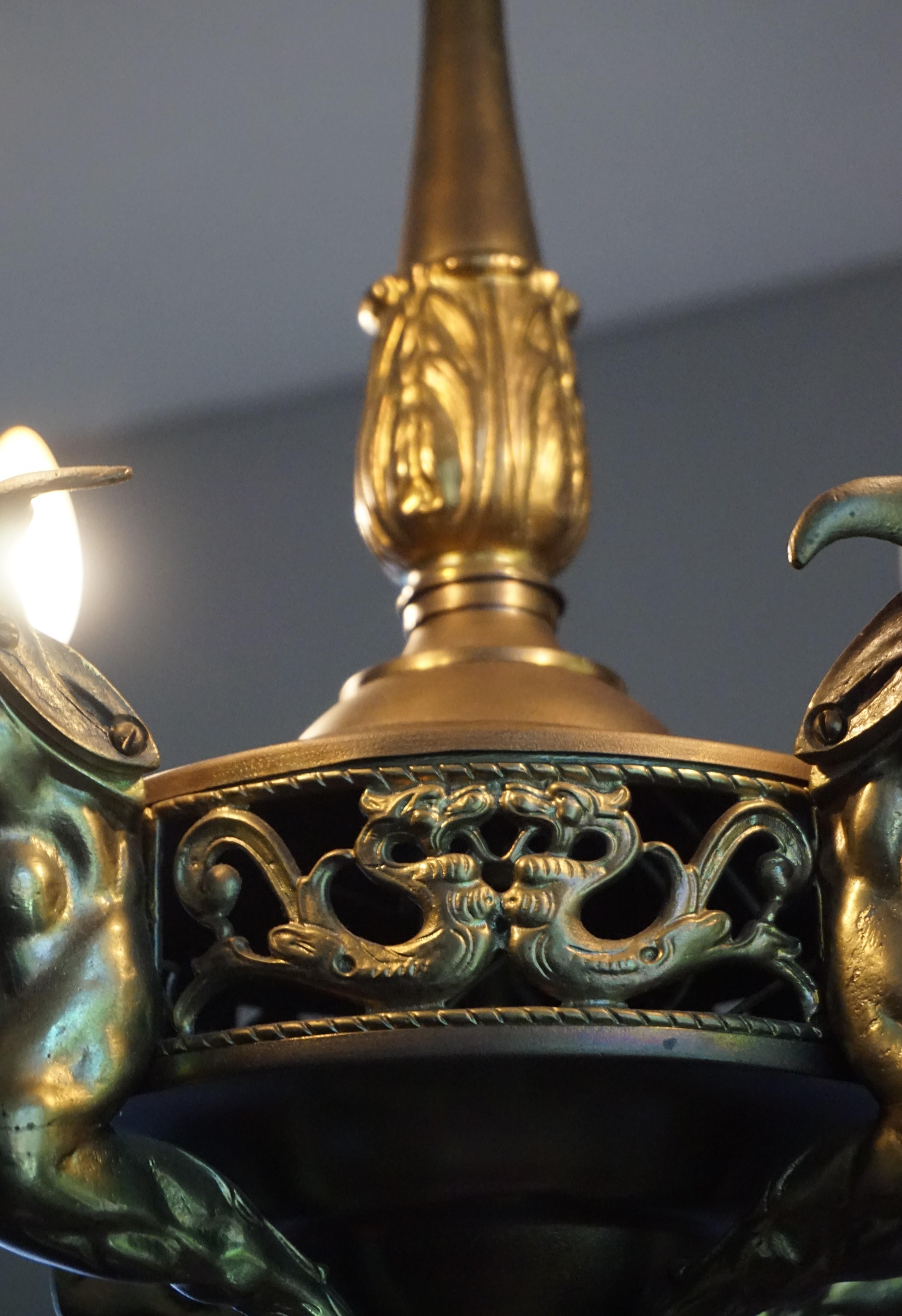 Antique Gilt Bronze & Brass Gothic Revival Pendant Light with Chimera Sculptures 13