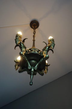 Antique Gilt Bronze & Brass Gothic Revival Pendant Light with Chimera Sculptures