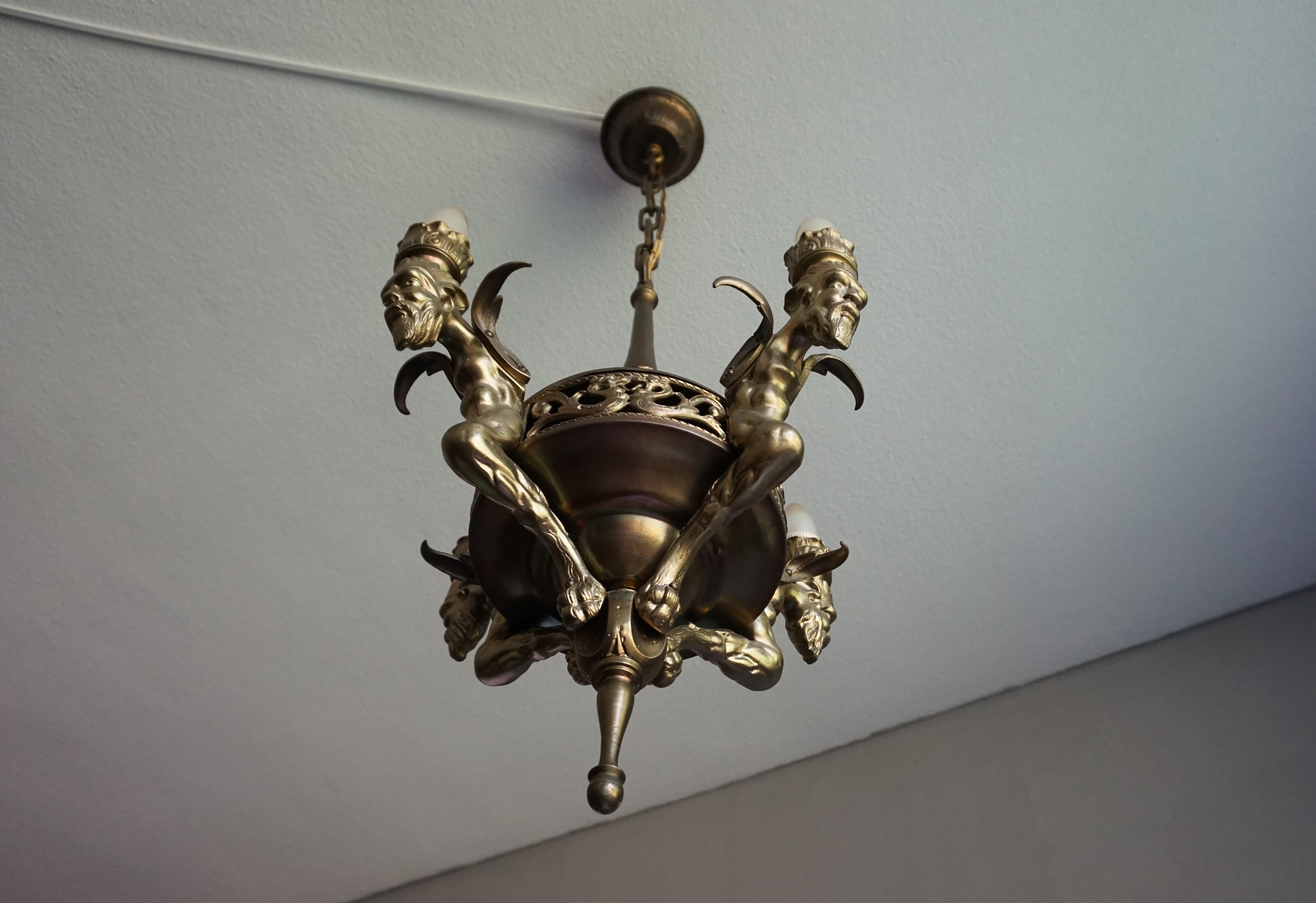 Antique Gilt Bronze & Brass Gothic Revival Pendant Light with Chimera Sculptures 14