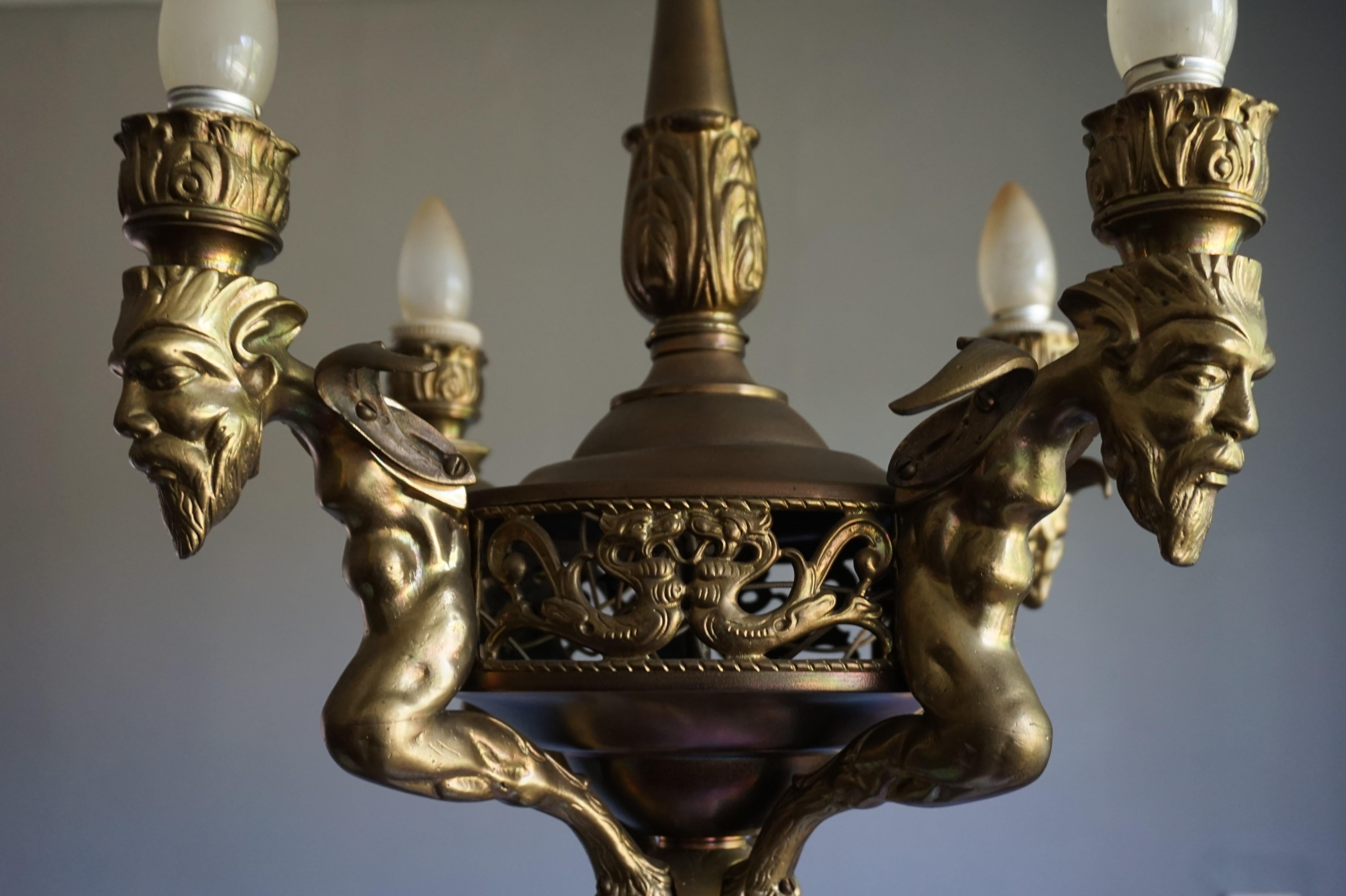 French Antique Gilt Bronze & Brass Gothic Revival Pendant Light with Chimera Sculptures