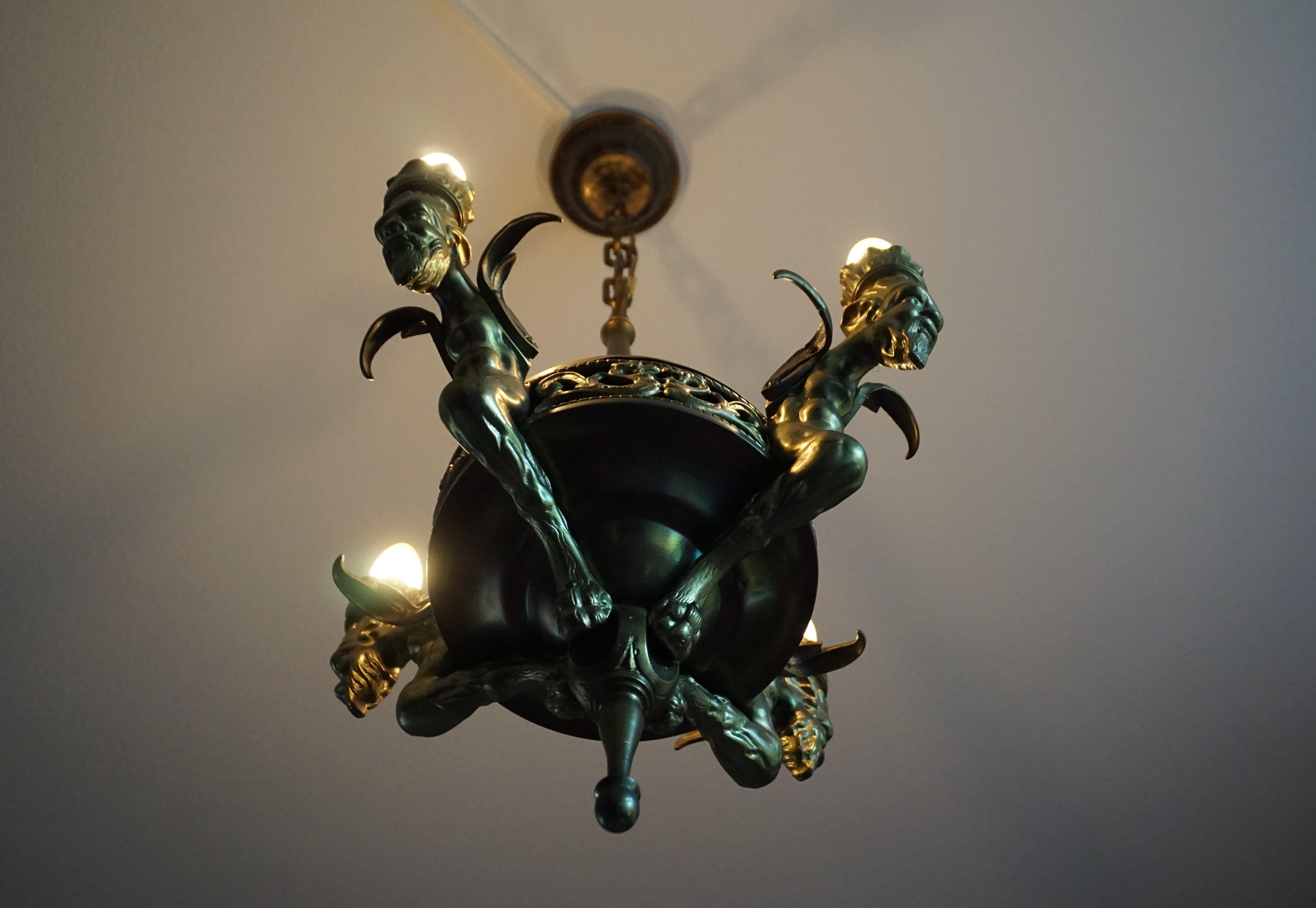 Antique Gilt Bronze & Brass Gothic Revival Pendant Light with Chimera Sculptures In Good Condition In Lisse, NL