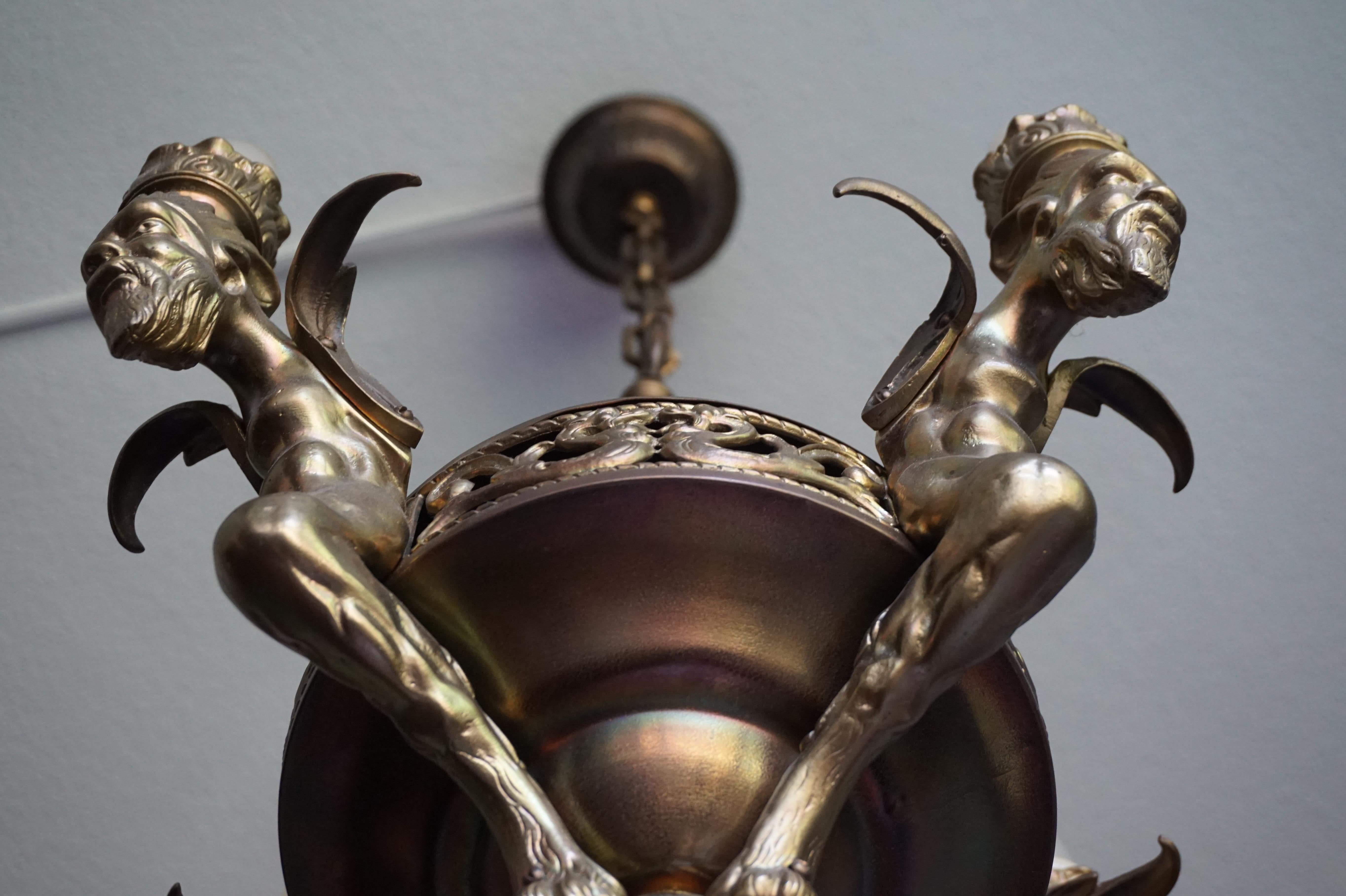 20th Century Antique Gilt Bronze & Brass Gothic Revival Pendant Light with Chimera Sculptures