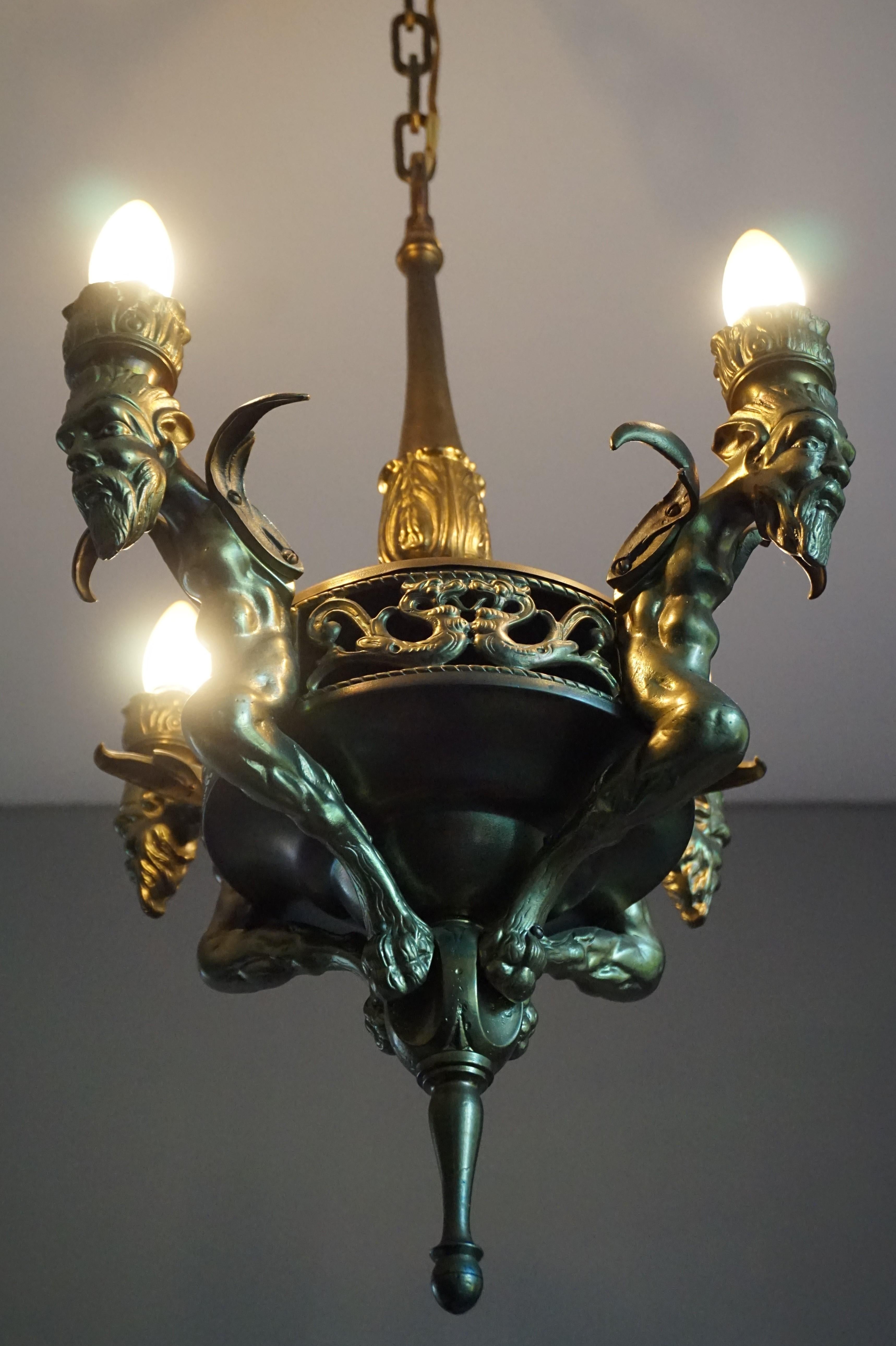 Antique Gilt Bronze & Brass Gothic Revival Pendant Light with Chimera Sculptures 1
