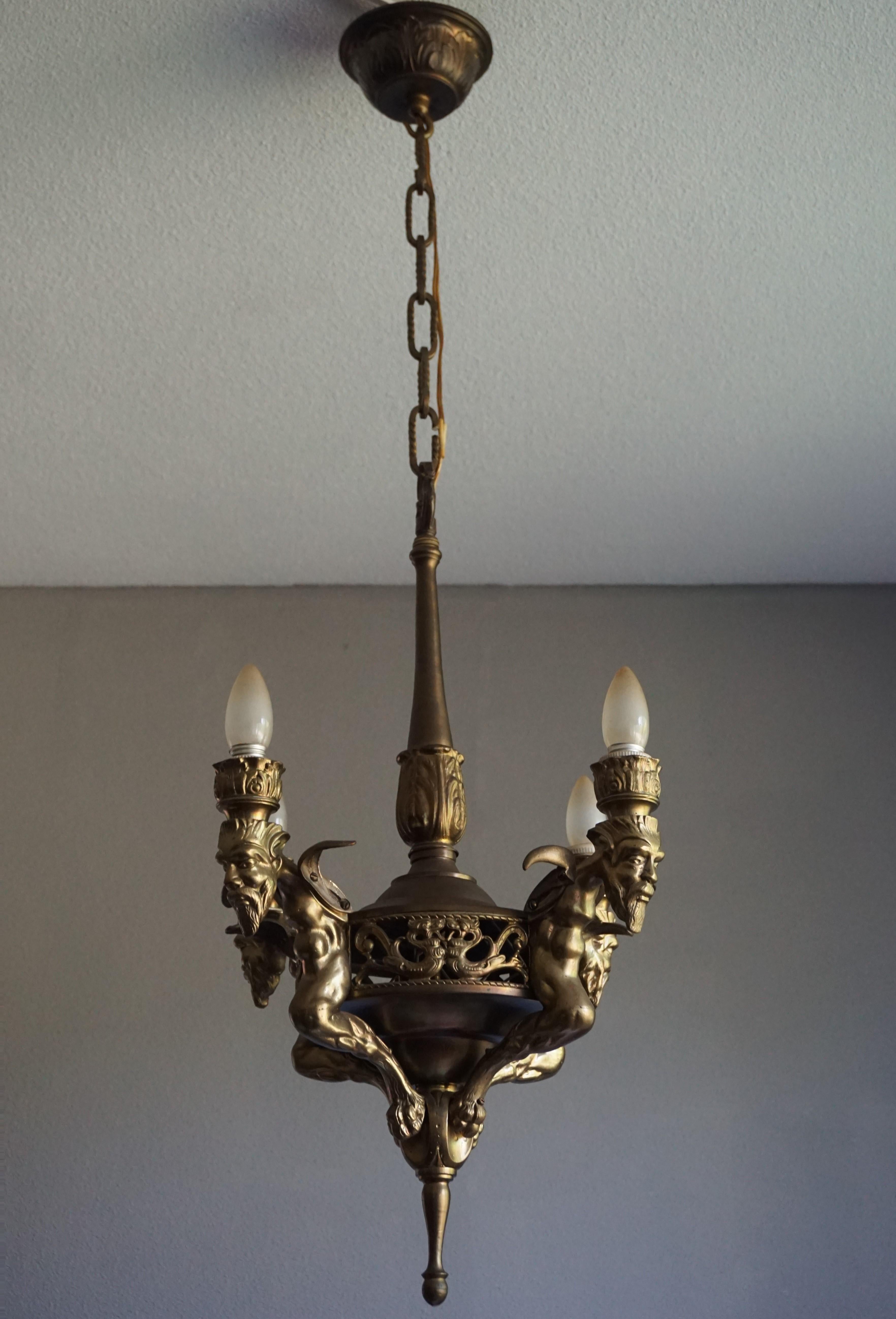 Antique Gilt Bronze & Brass Gothic Revival Pendant Light with Chimera Sculptures 2