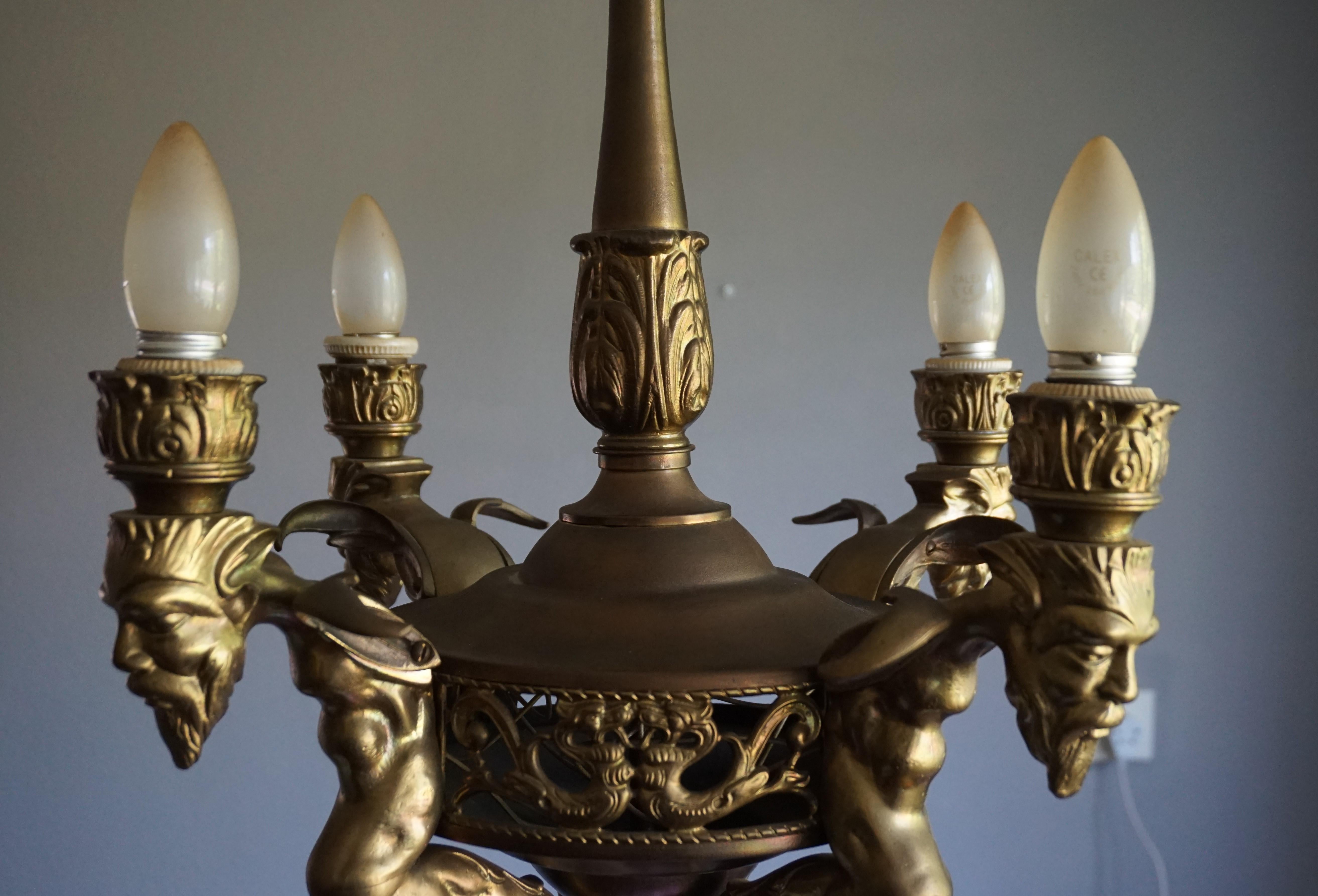 Antique Gilt Bronze & Brass Gothic Revival Pendant Light with Chimera Sculptures 3