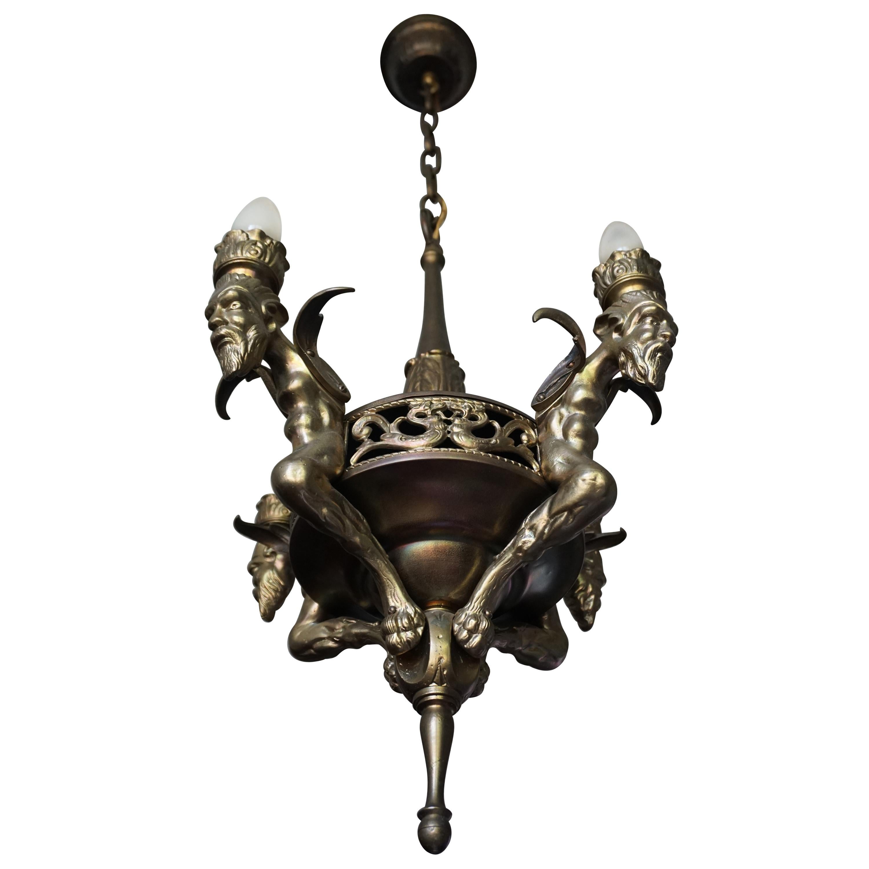 Antique Gilt Bronze & Brass Gothic Revival Pendant Light with Chimera Sculptures