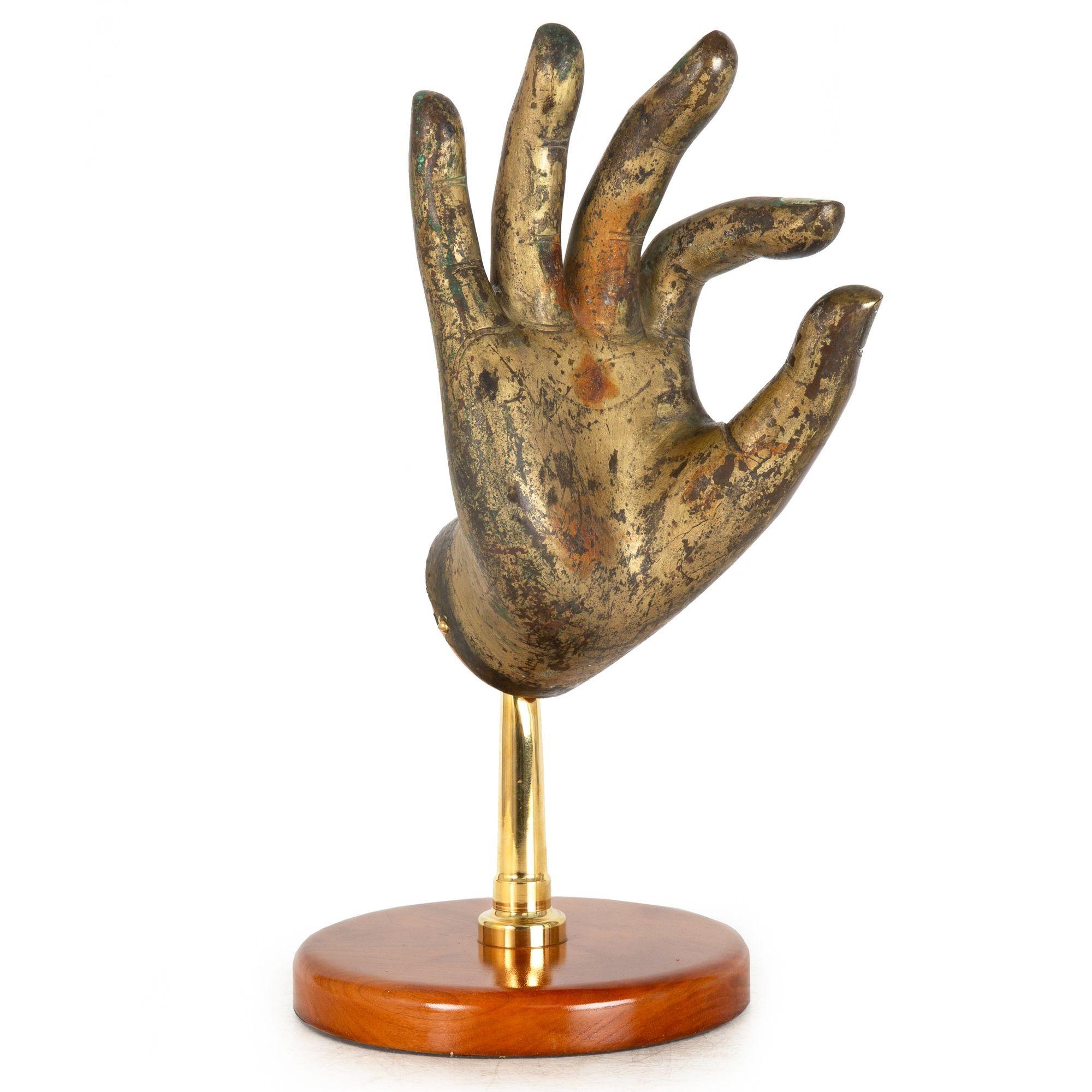 Asian Antique Gilt Bronze Buddha Hand in Vitarka Mudra on Custom Base For Sale