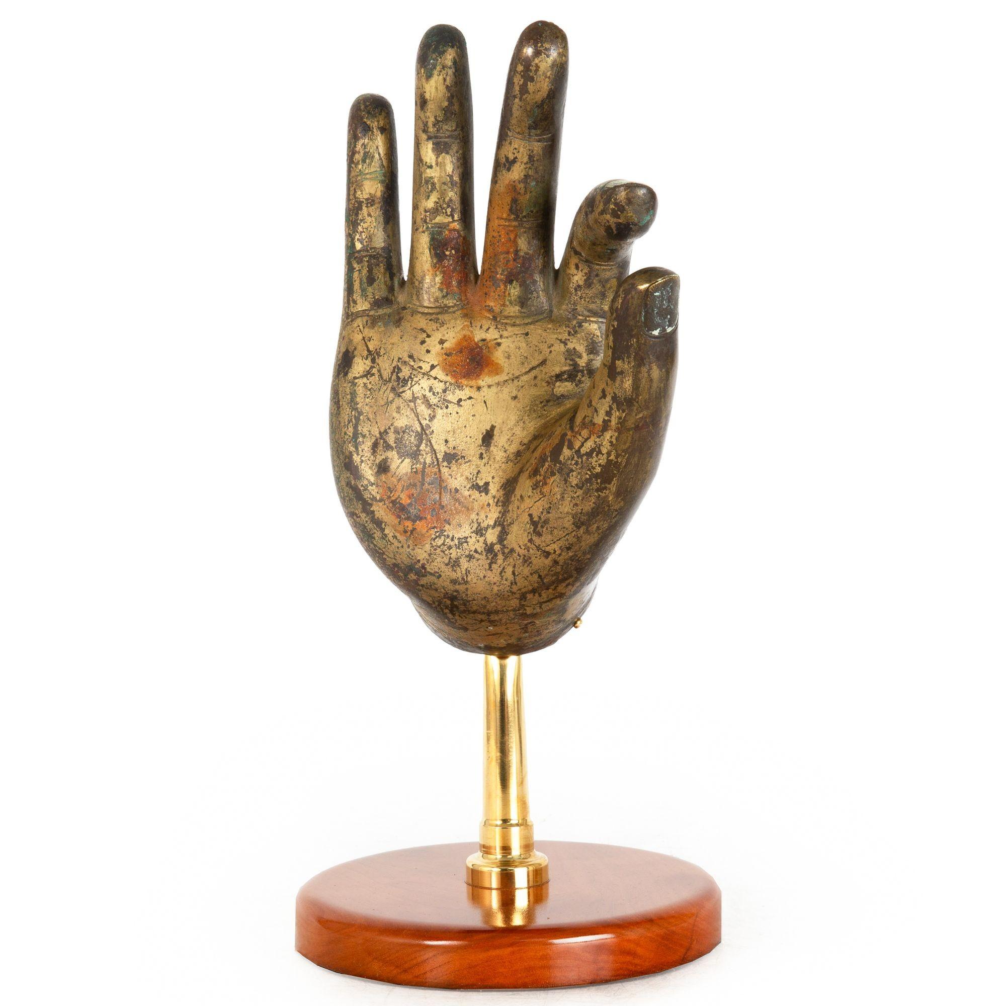 20th Century Antique Gilt Bronze Buddha Hand in Vitarka Mudra on Custom Base For Sale