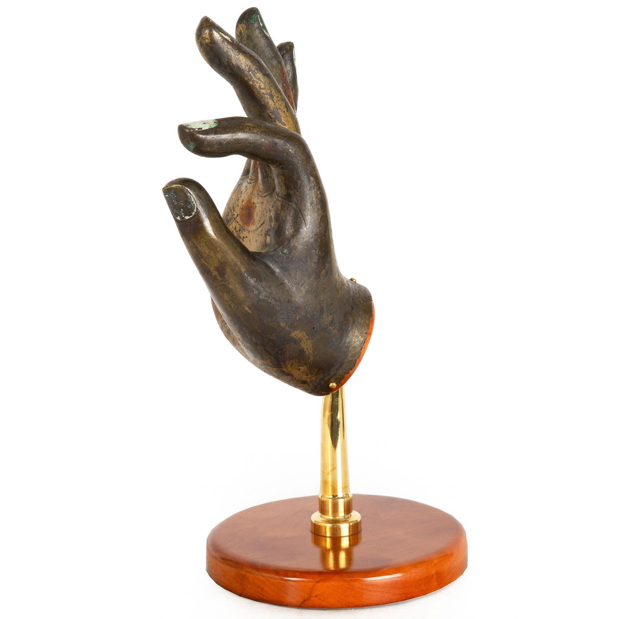 Brass Antique Gilt Bronze Buddha Hand in Vitarka Mudra on Custom Base For Sale