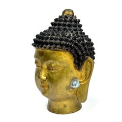 Antique Buddha Head Gilt Bronze Asian Sculpture, Home Decorative Spiritual Art