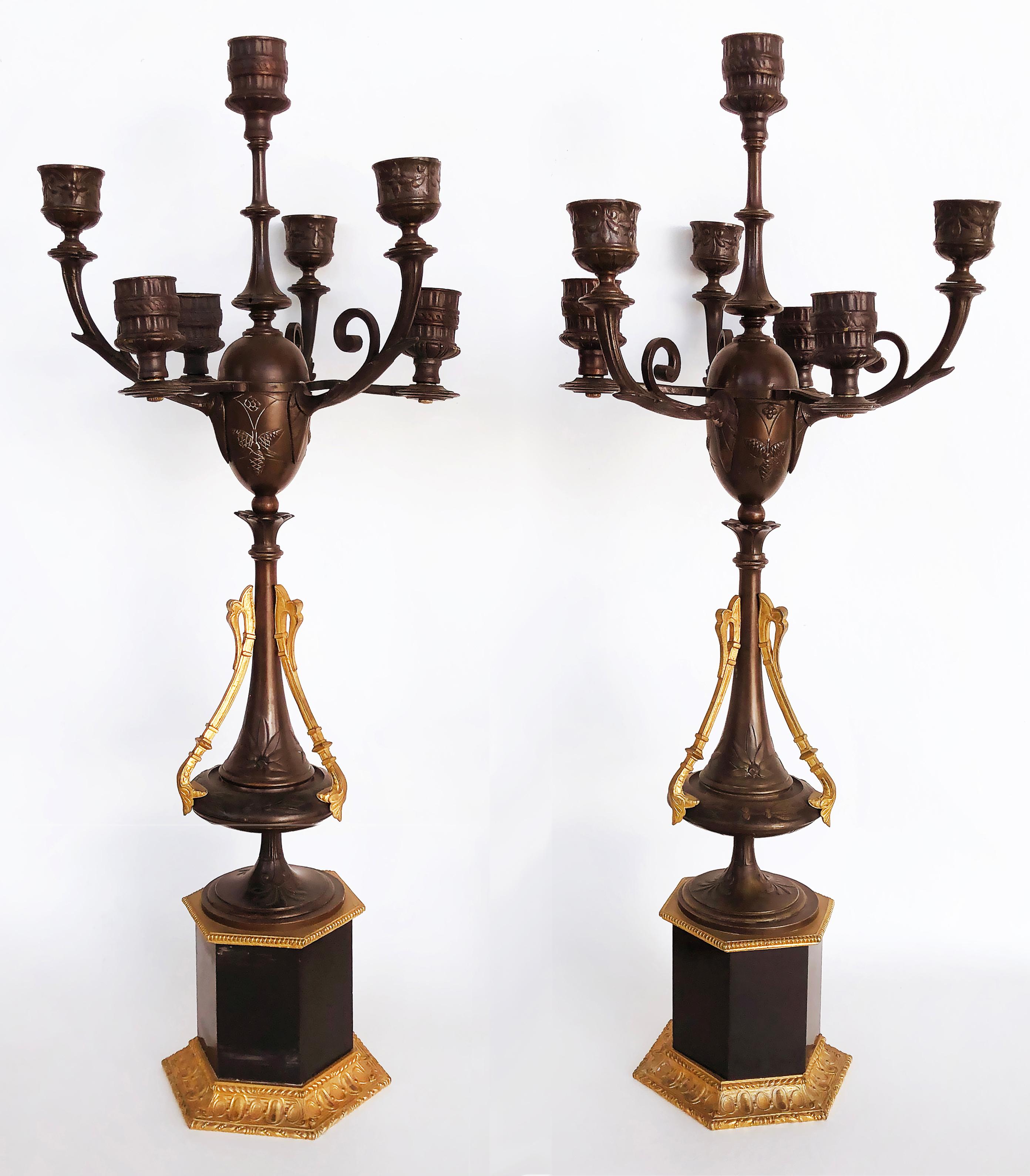 Antique Gilt Bronze Candelabra with Granite Bases, Pair For Sale 2