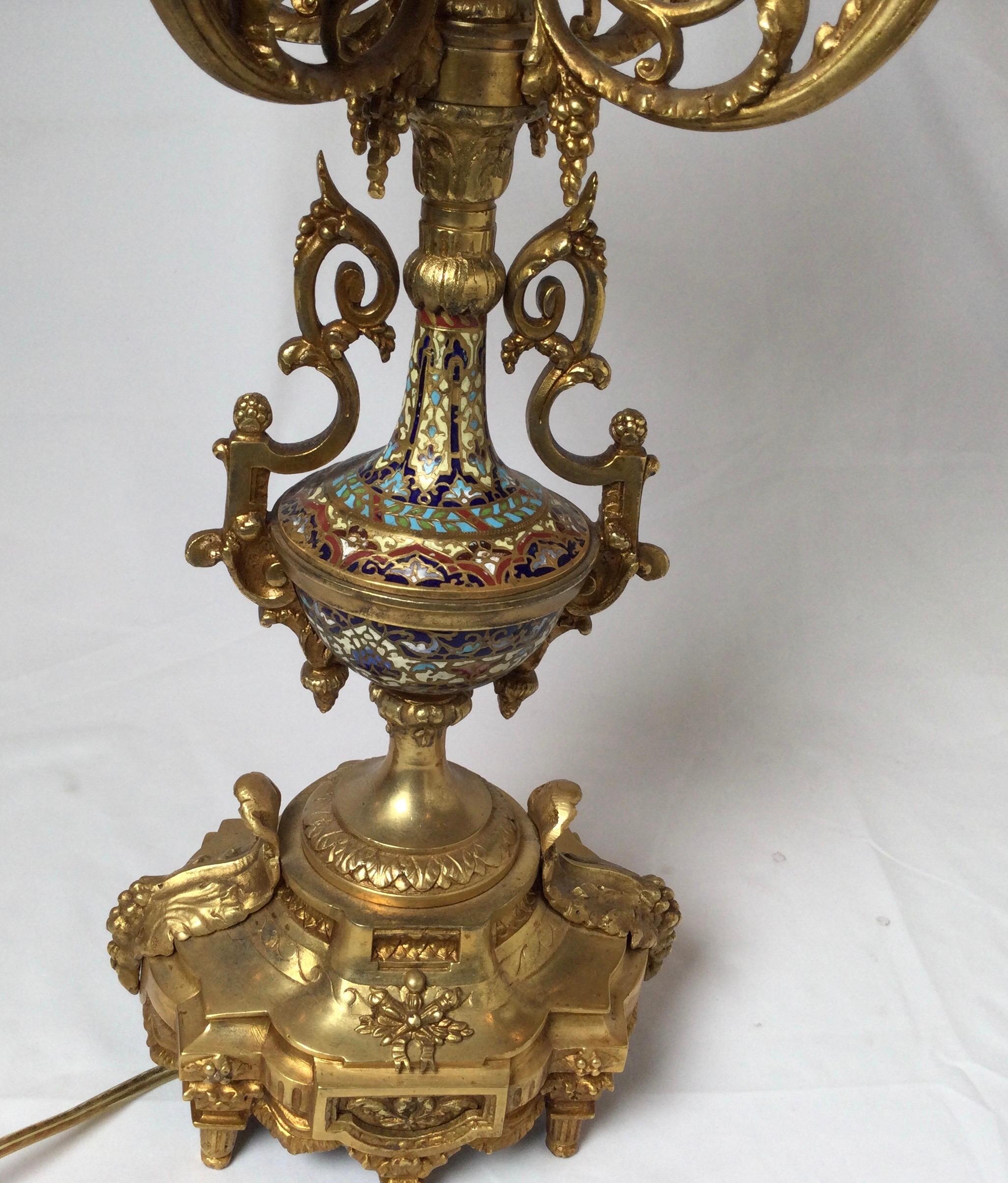 Louis XV Antique Gilt Bronze Champlevé French Candelabra Lamp