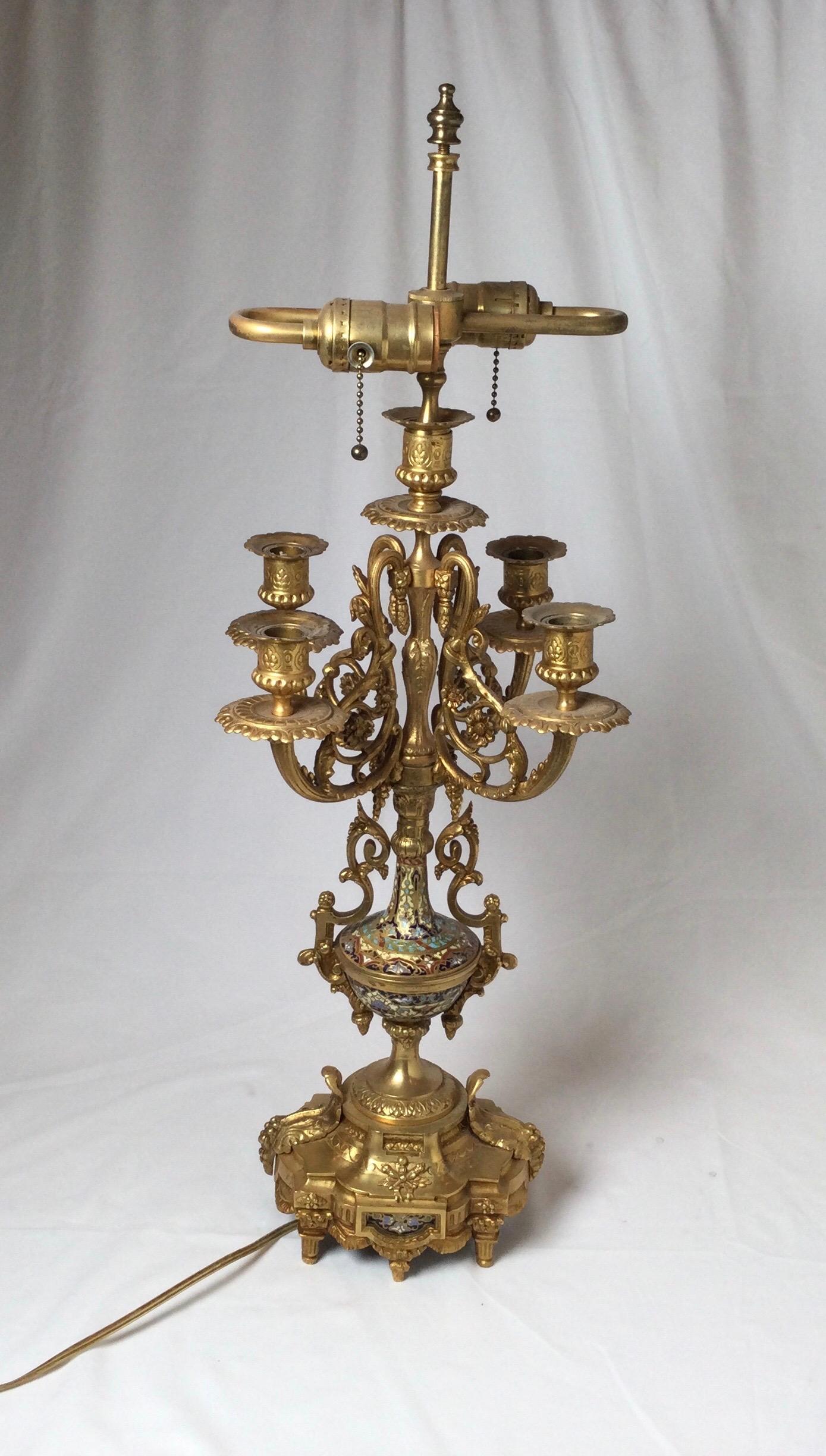 Antique Gilt Bronze Champlevé French Candelabra Lamp In Good Condition In Lambertville, NJ