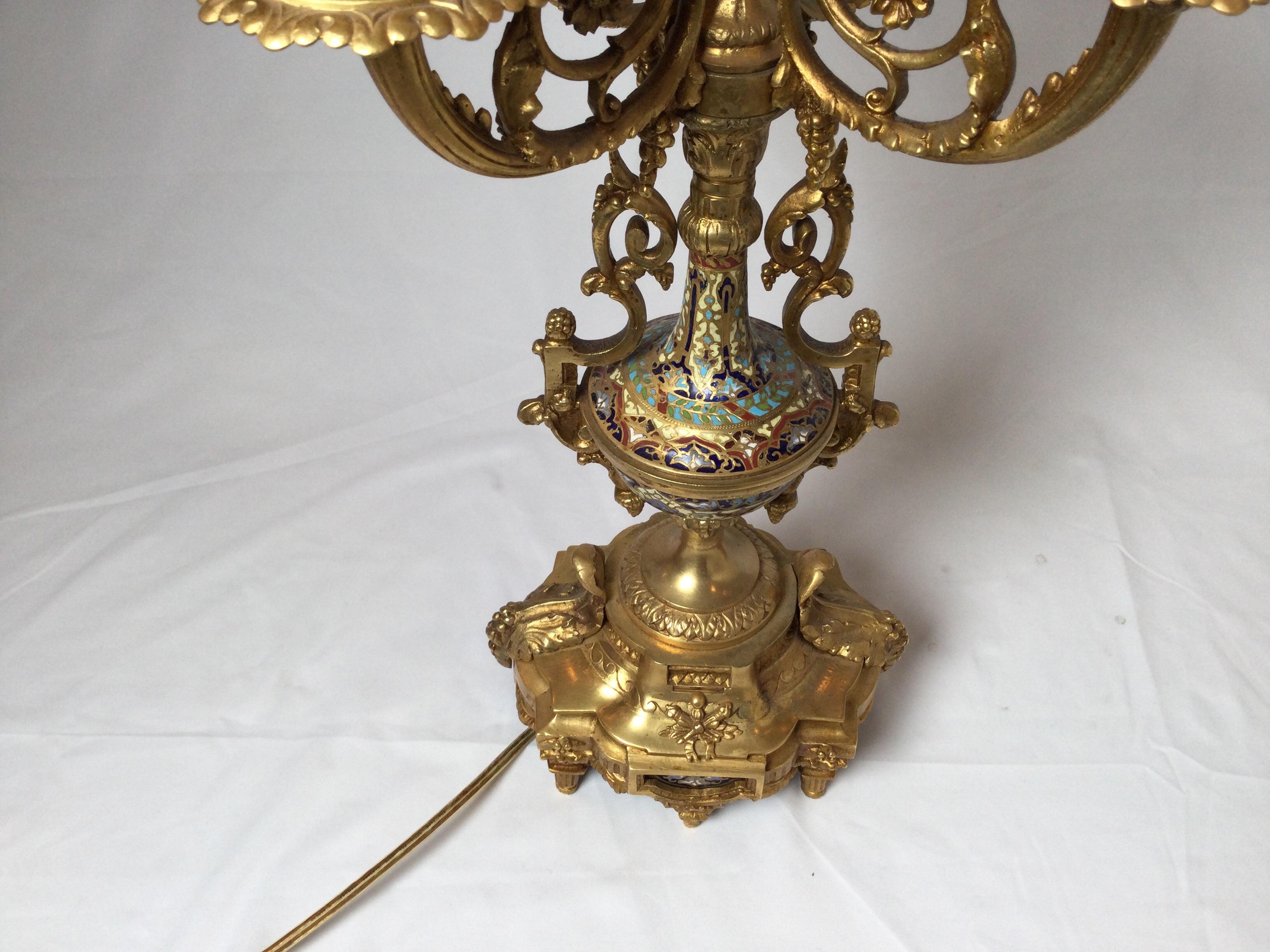 Late 19th Century Antique Gilt Bronze Champlevé French Candelabra Lamp