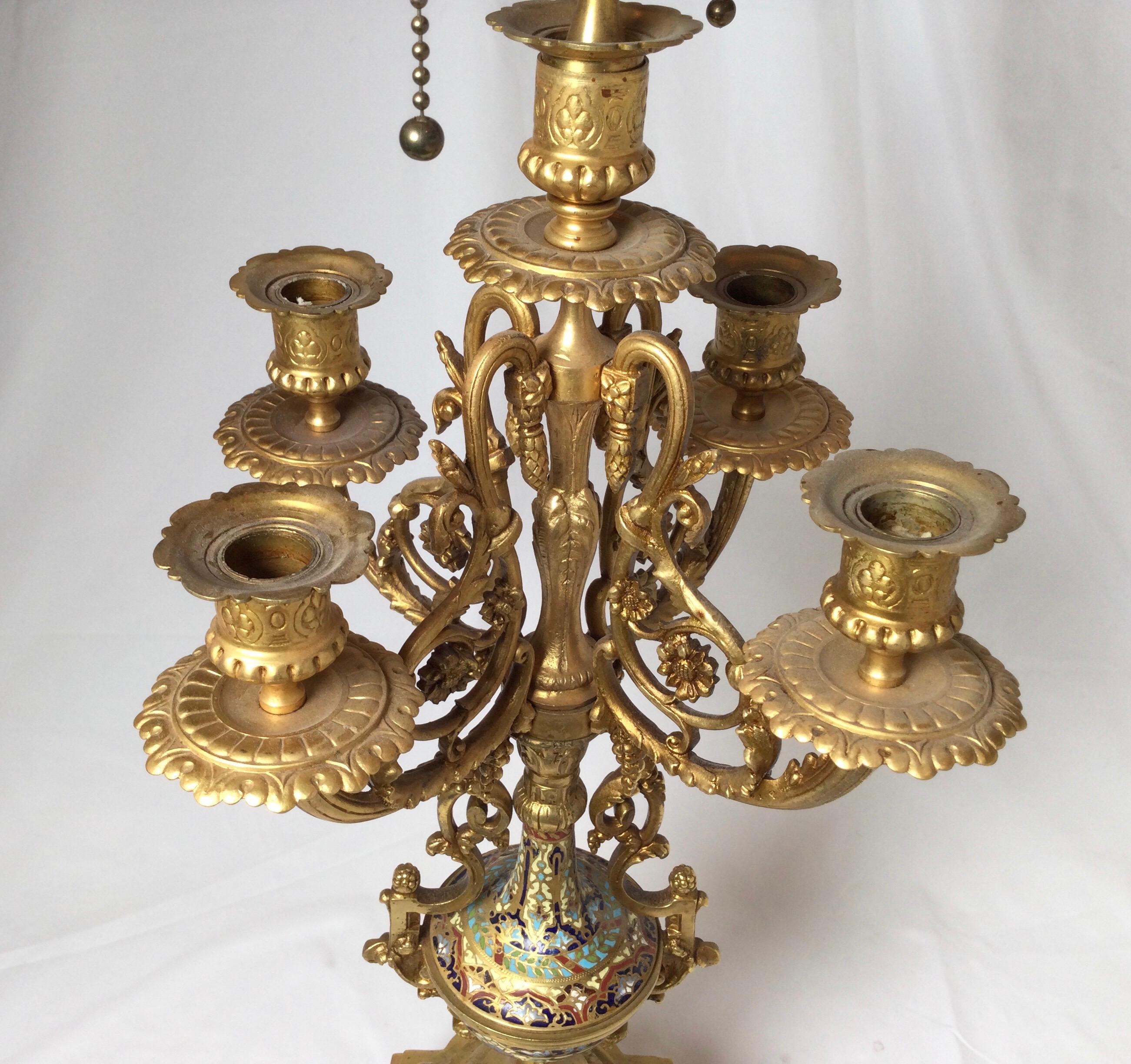 Antique Gilt Bronze Champlevé French Candelabra Lamp 1