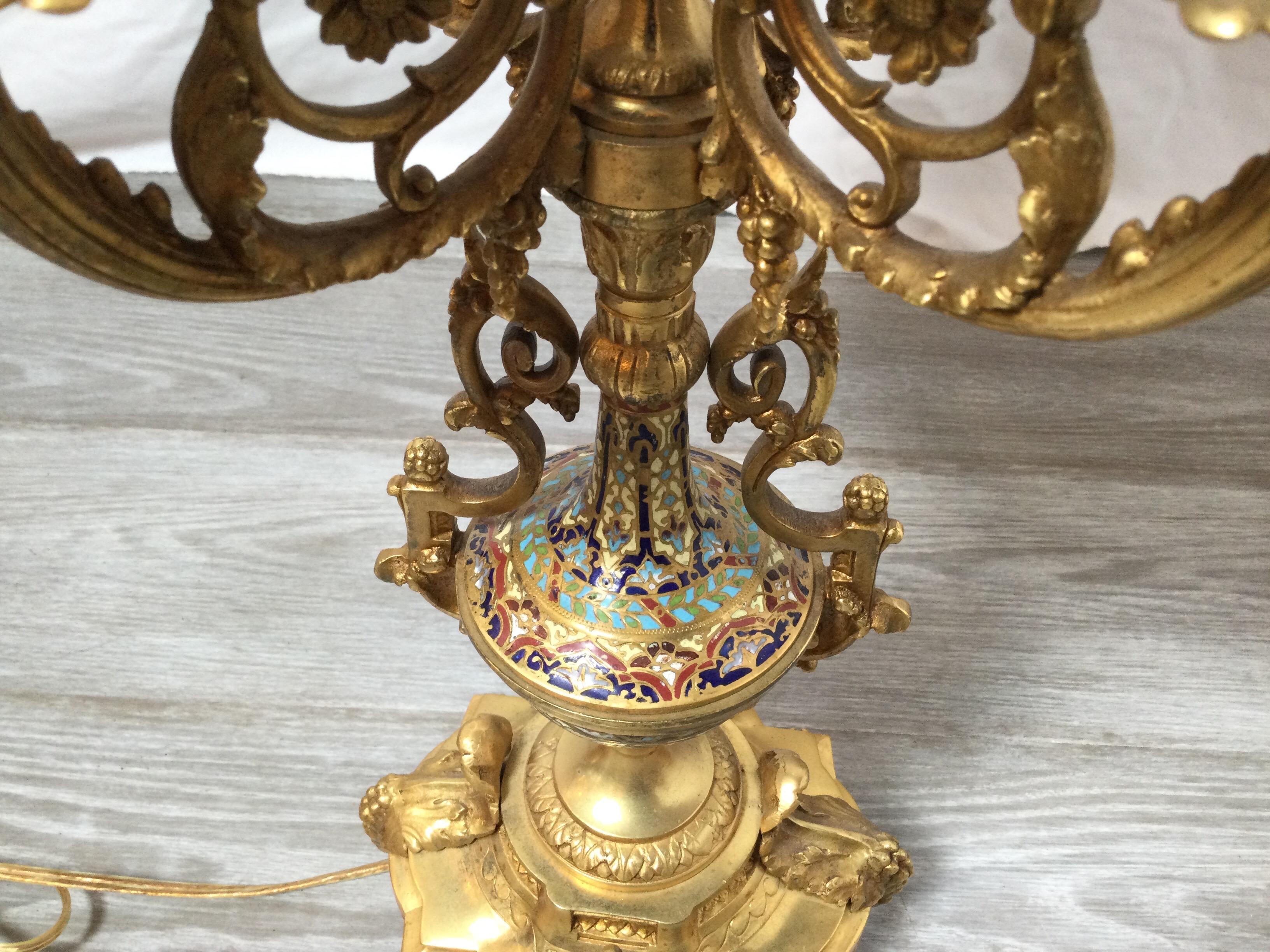 Antique Gilt Bronze Champlevé French Candelabra Lamp 2