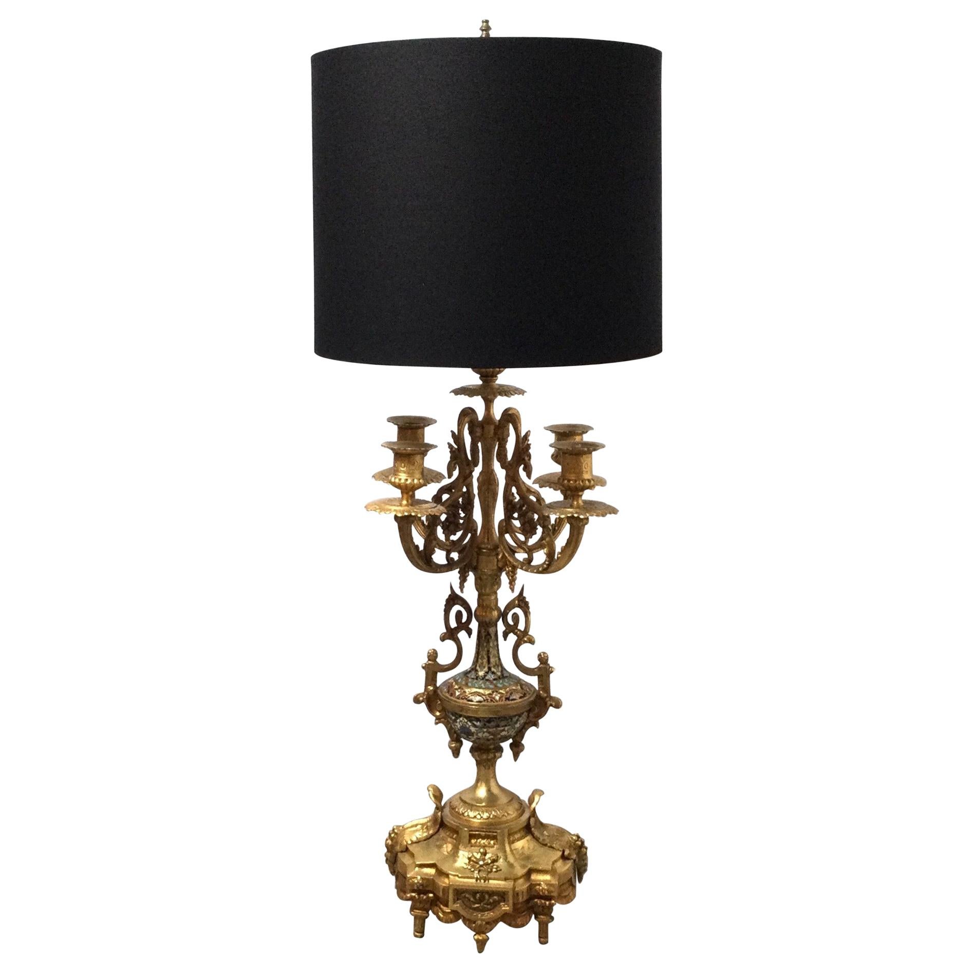 Antique Gilt Bronze Champlevé French Candelabra Lamp