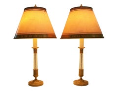Antique Gilt Bronze & Crystal Candlestick Lamps with Parchment Shades, 19th C.