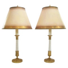Antique Gilt Bronze & Crystal Candlestick Lamps with Parchment Shades, 19th C.