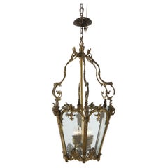 Antique Gilt Bronze 
Crystal French Rococo Pendant Lantern Chandelier C1930