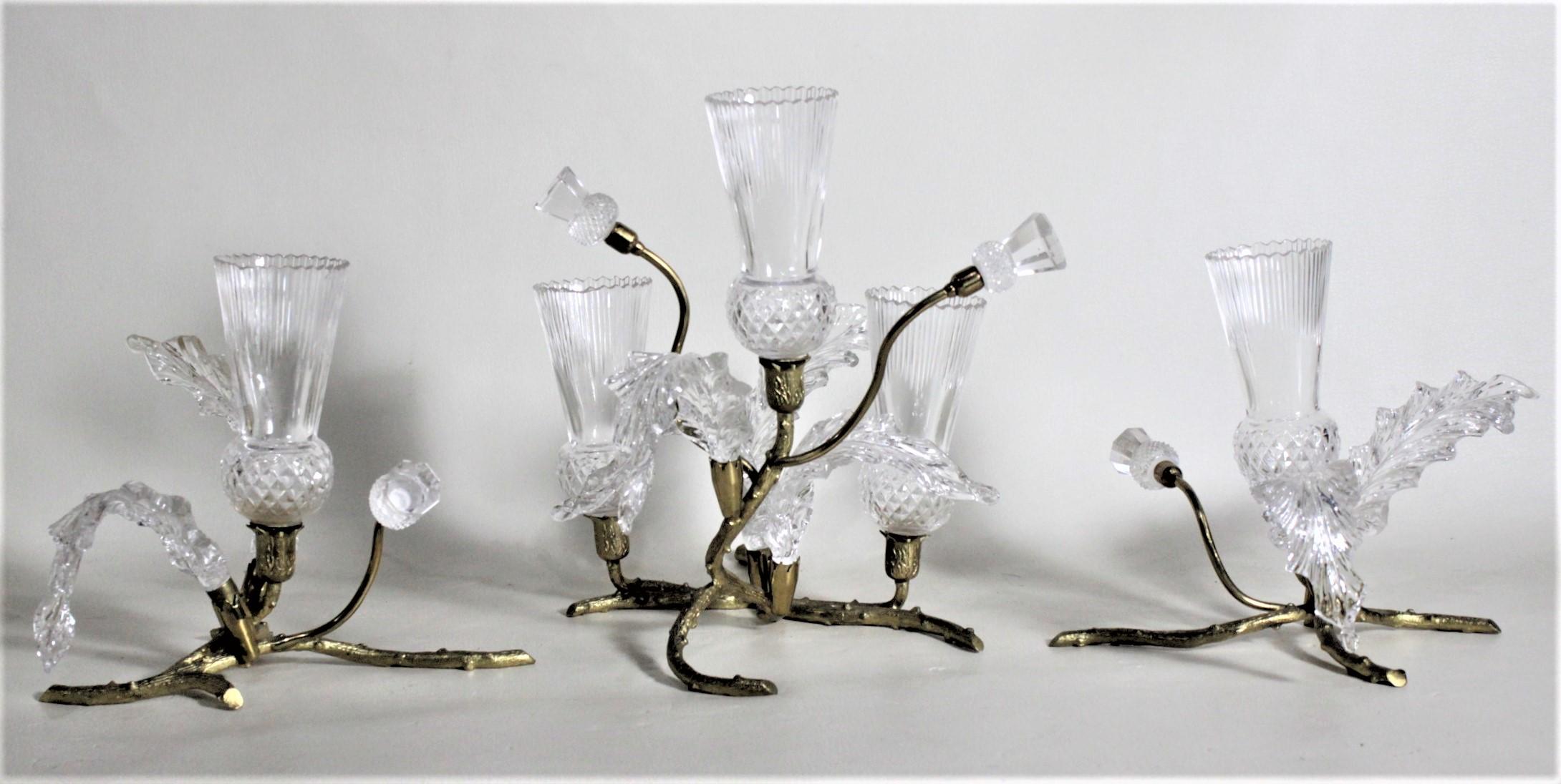 Antique Gilt Bronze & Cut Crystal Figural Thistle Bush Centerpiece Bud Vase Set 12