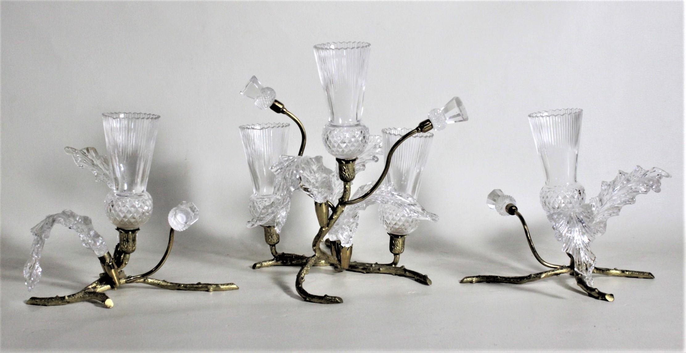 Art Nouveau Antique Gilt Bronze & Cut Crystal Figural Thistle Bush Centerpiece Bud Vase Set