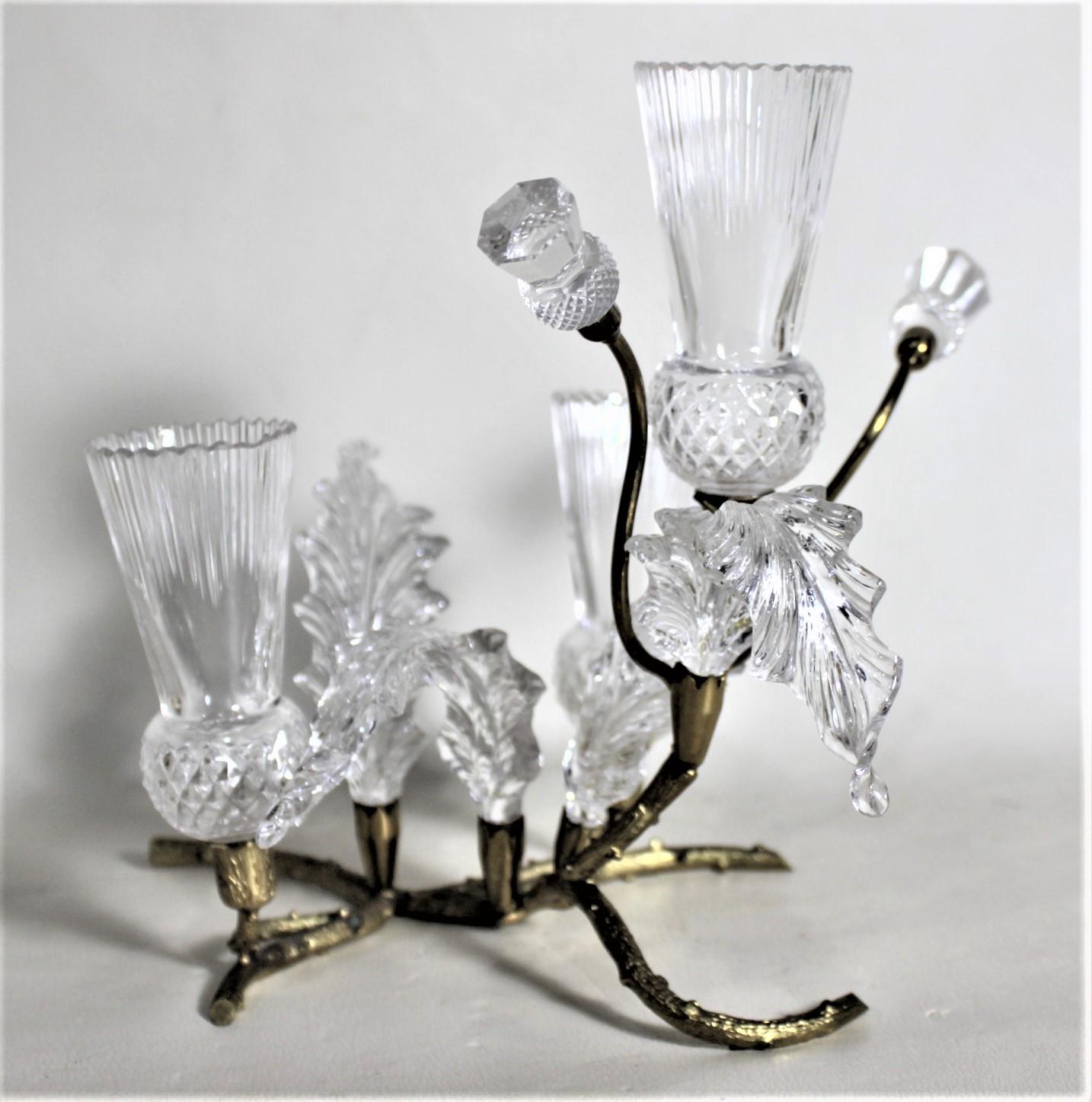 20th Century Antique Gilt Bronze & Cut Crystal Figural Thistle Bush Centerpiece Bud Vase Set