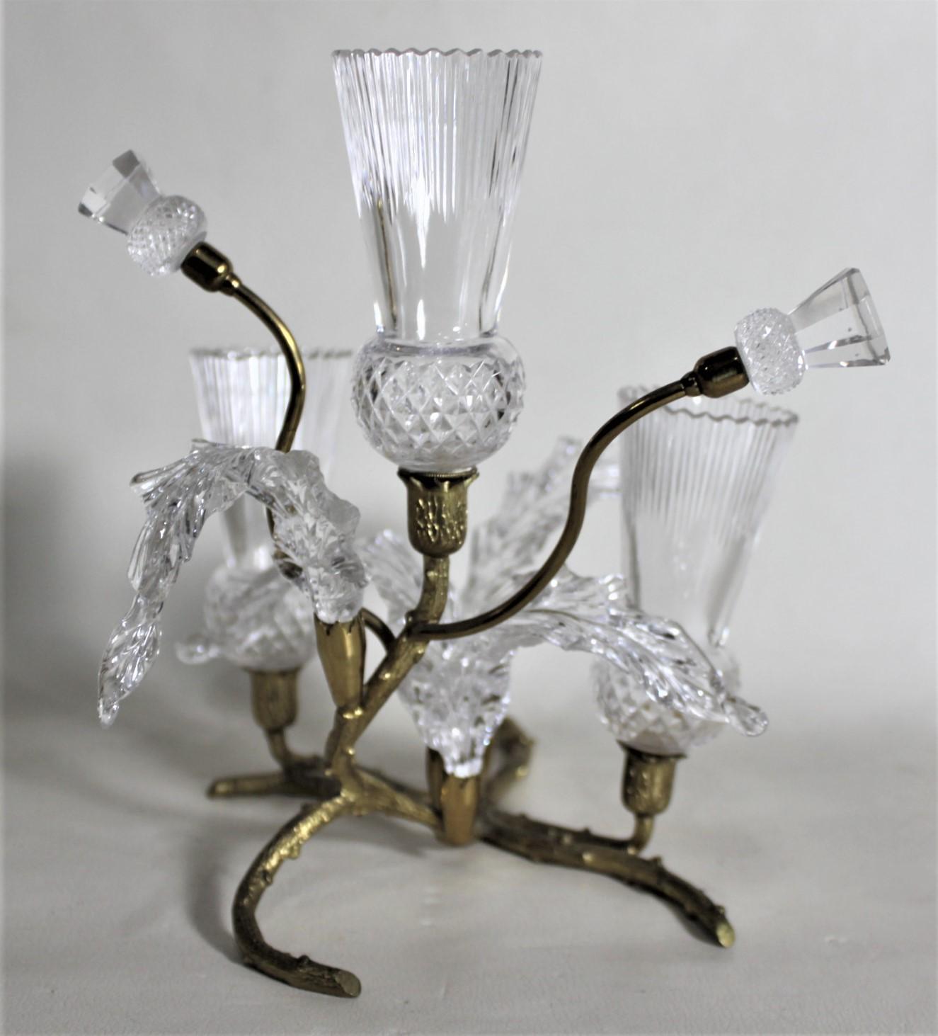Antique Gilt Bronze & Cut Crystal Figural Thistle Bush Centerpiece Bud Vase Set 1