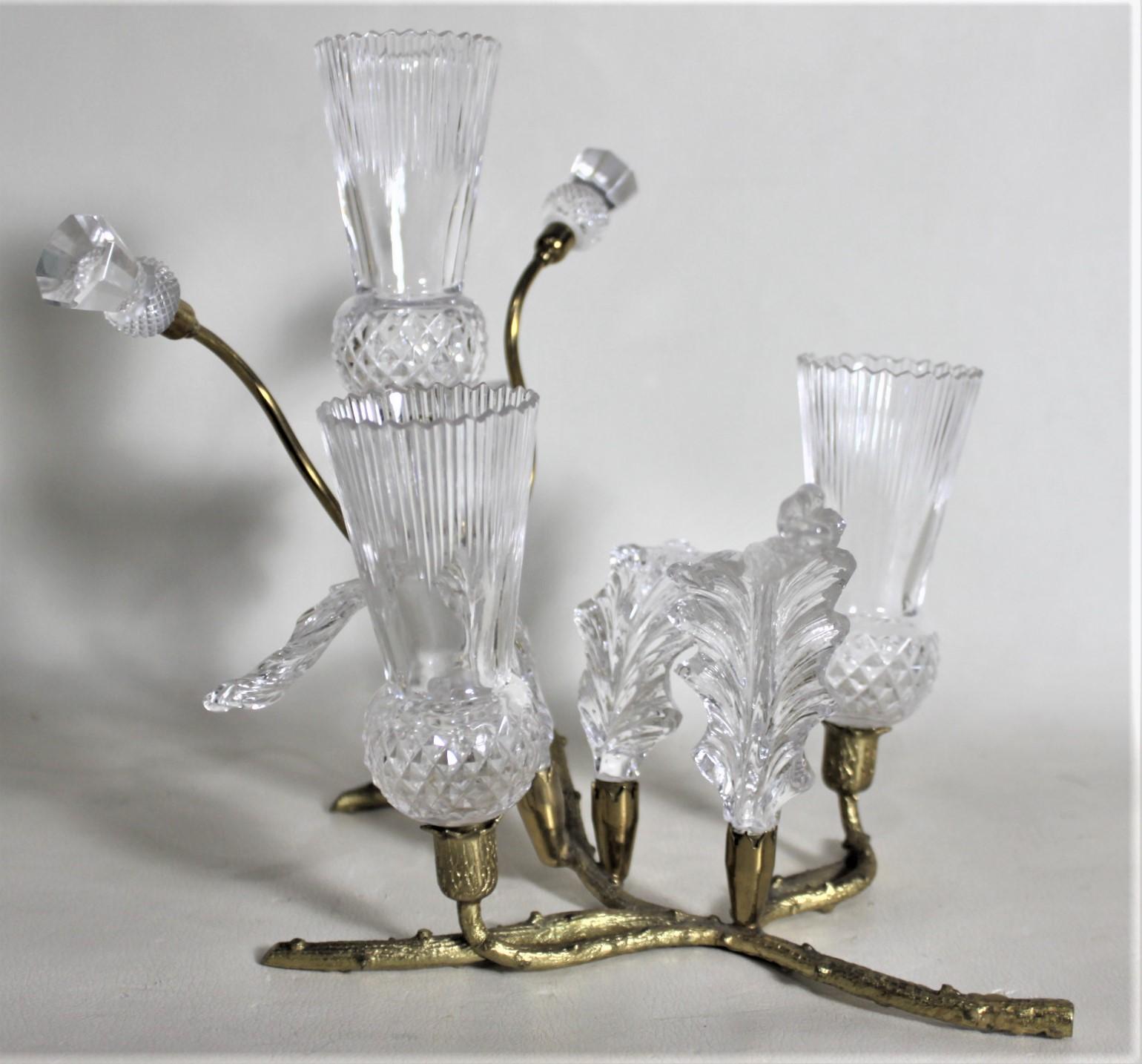 Antique Gilt Bronze & Cut Crystal Figural Thistle Bush Centerpiece Bud Vase Set 2