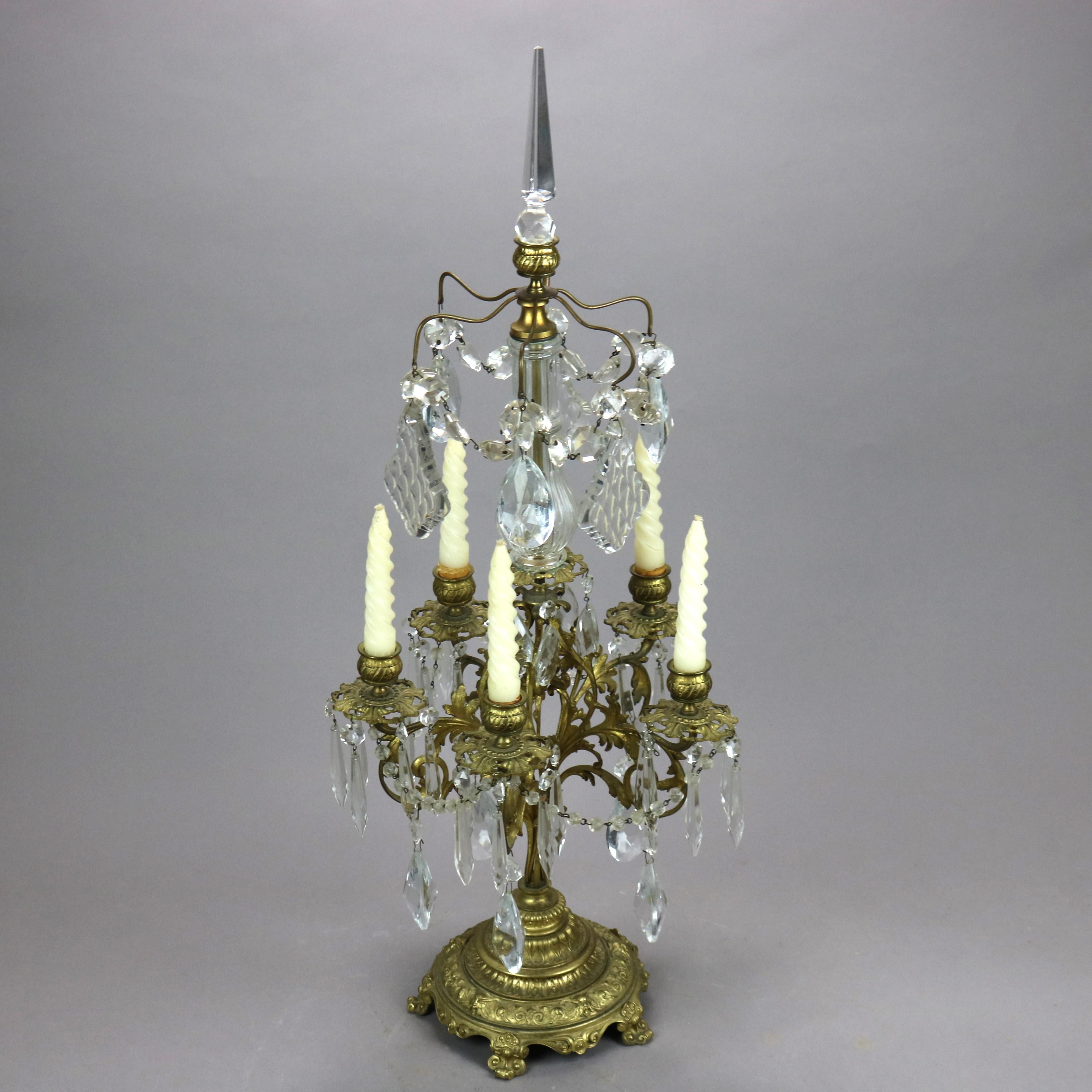 Victorian Antique Gilt Bronze & Cut Crystal Five-Light Candelabra Circa 1900 For Sale