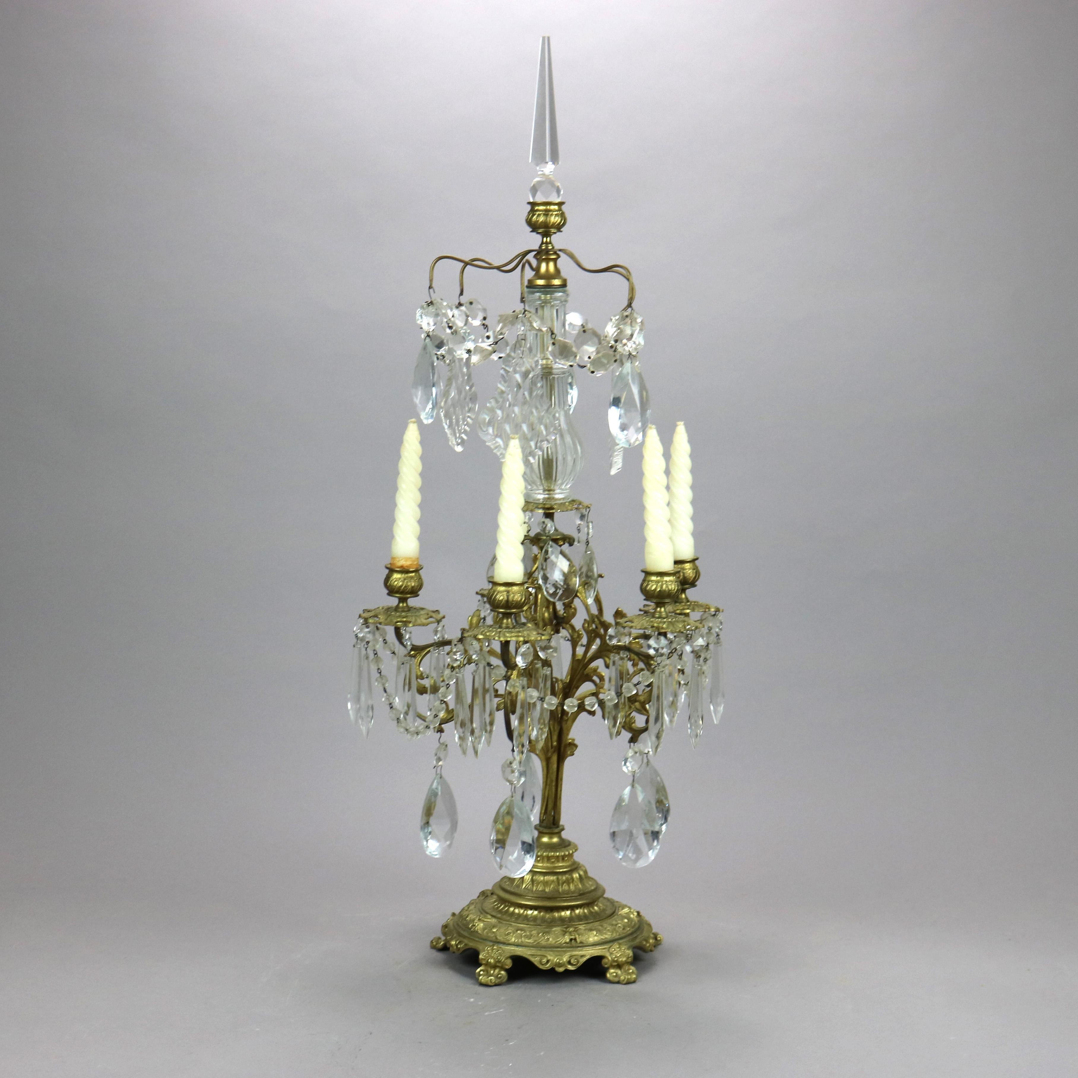 Antique Gilt Bronze & Cut Crystal Five-Light Candelabra Circa 1900 In Good Condition For Sale In Big Flats, NY