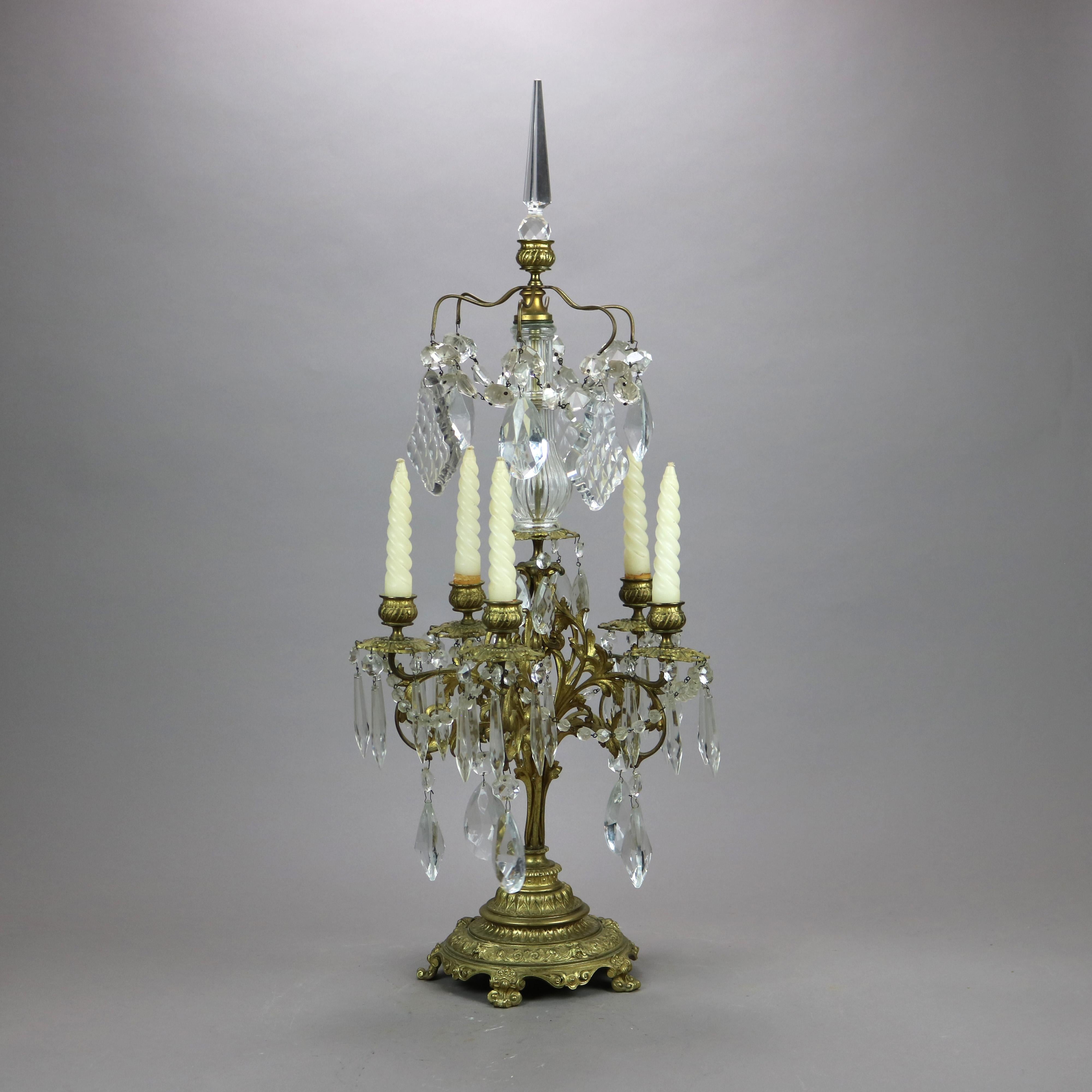 20th Century Antique Gilt Bronze & Cut Crystal Five-Light Candelabra Circa 1900 For Sale