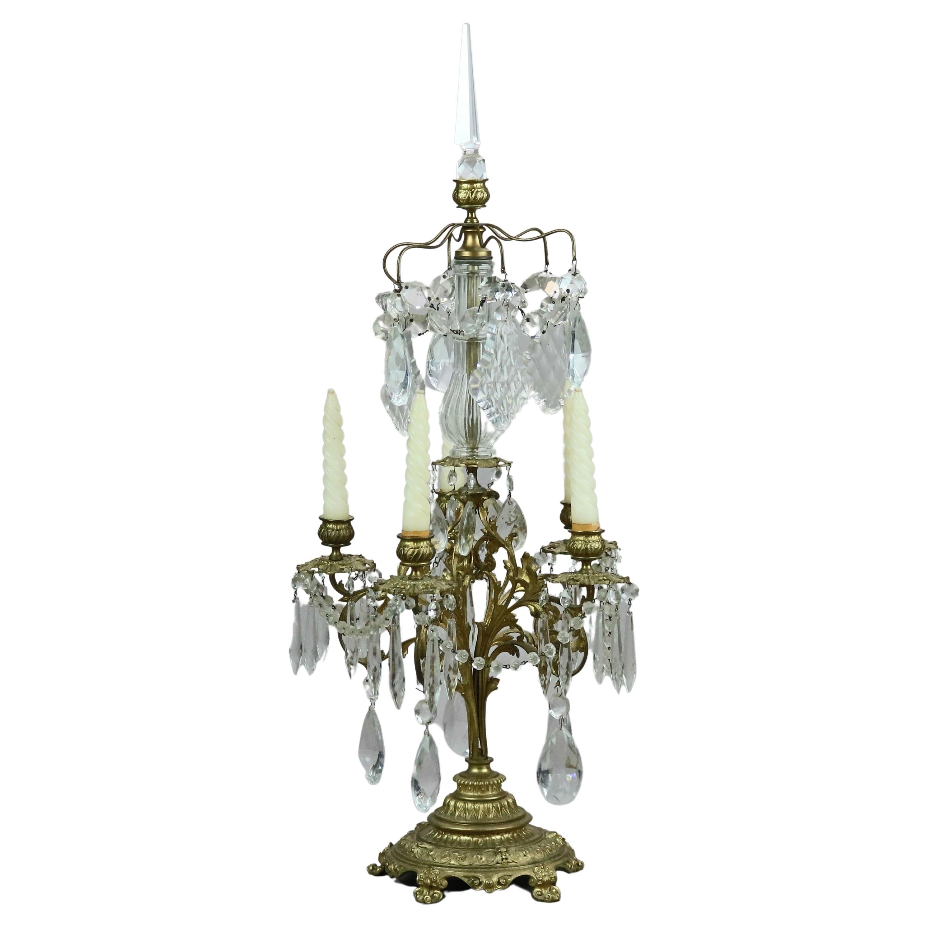 Antique Gilt Bronze & Cut Crystal Five-Light Candelabra Circa 1900 For Sale