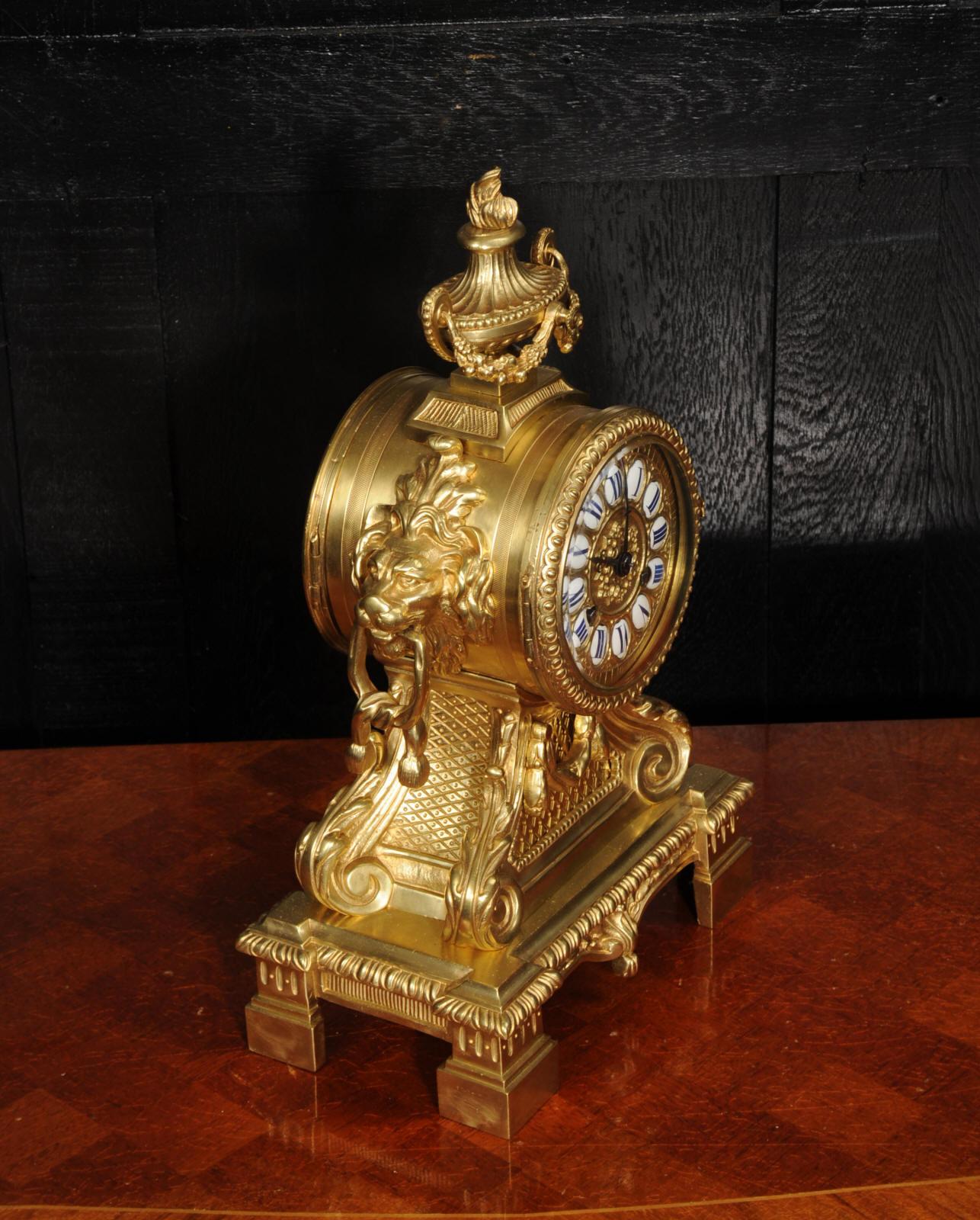 Antique Gilt Bronze Drum Head Clock with Lions Masks - Fully Restored For Sale 5